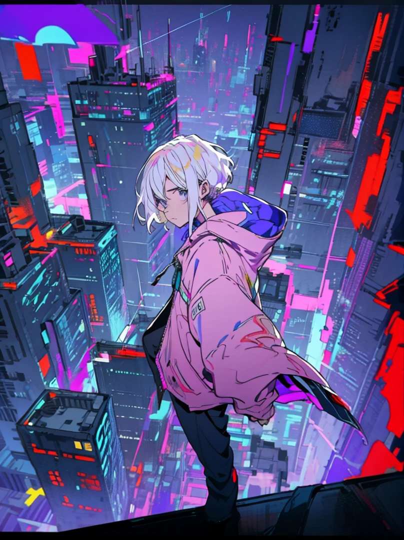 Boy, high angle view wearing a black cyberpunk hoodie and pants, on top of a building, white hair, purple eyes 