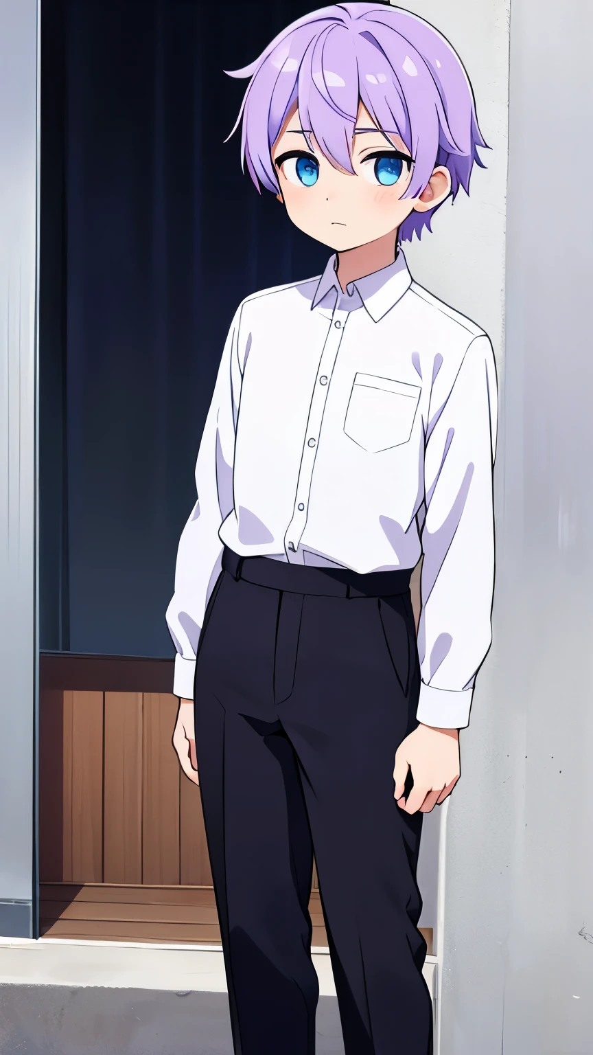 boy,Light purple hair,two block,blue eyes,White shirt and black slacks,Standing picture,Cold impression