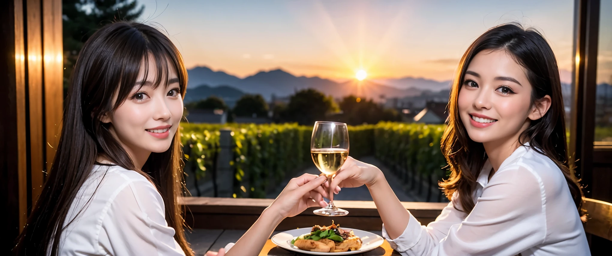 ((highest quality、8K、masterpiece:1.3))、Beautiful woman perfect body:1.4、slimなボディ、((Bob Hale、straight hair:1.2))、 ultra high resolution, bright image、2. The beauty of wine, beautiful face, blue eyes, fine eyes, light shines on your face, blush your nose, short hair,Spectacular view of the sunset sky and clouds、Amazing mountain views、ニコニコ明るいsmile、smileの素敵な女性、bright face、Fox face、lady、Champagne、Wine bottle、wine glass、red wine 、Appetizer、Italian food、Two beauties、brown hair、shortcut、long sleeve shirt、Winter Fashion、dress、Wine bottle、sparkling wine、Pretty Woman 1, (slimな顔), (brown hair), (shortcut), cheeks turn a little red, (42 years old), 39 years old, charming beauty、restaurant, nova frog style, actress, model, Upper body, White wine, slim, wine glass, 真ん中に置かれたwine glass, smile, (smile: 1.15), 綺麗なfine eyes, Strong light and shadow,moist body:1.5、delicate eyes、brown hair、The hair is very shiny、