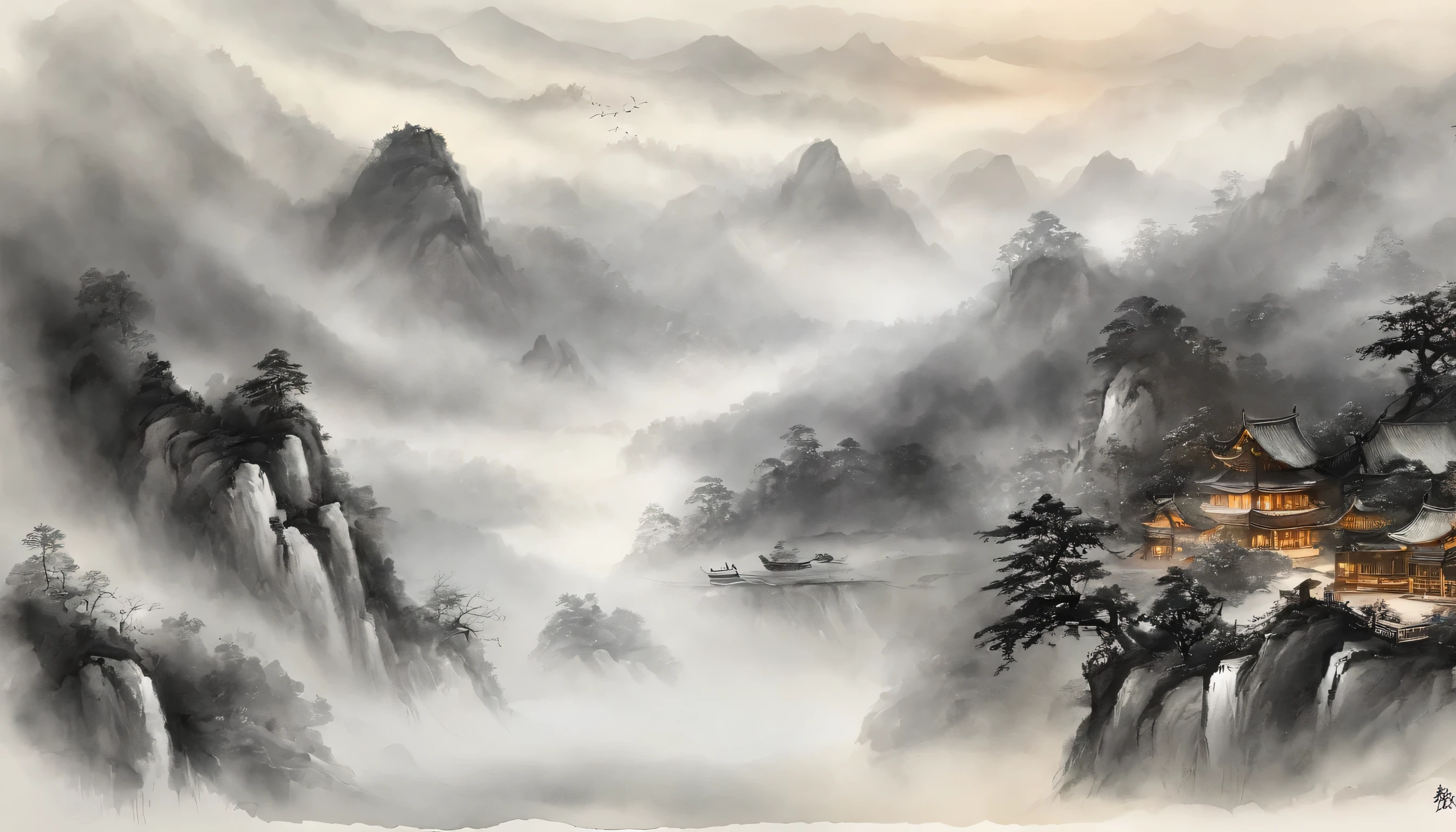 Chinese traditional ink painting,The mountains and waters in the painting are interdependent,shrouded in mist,Big Sky,Deep Black and White,China,Sky,god rhyme,god
