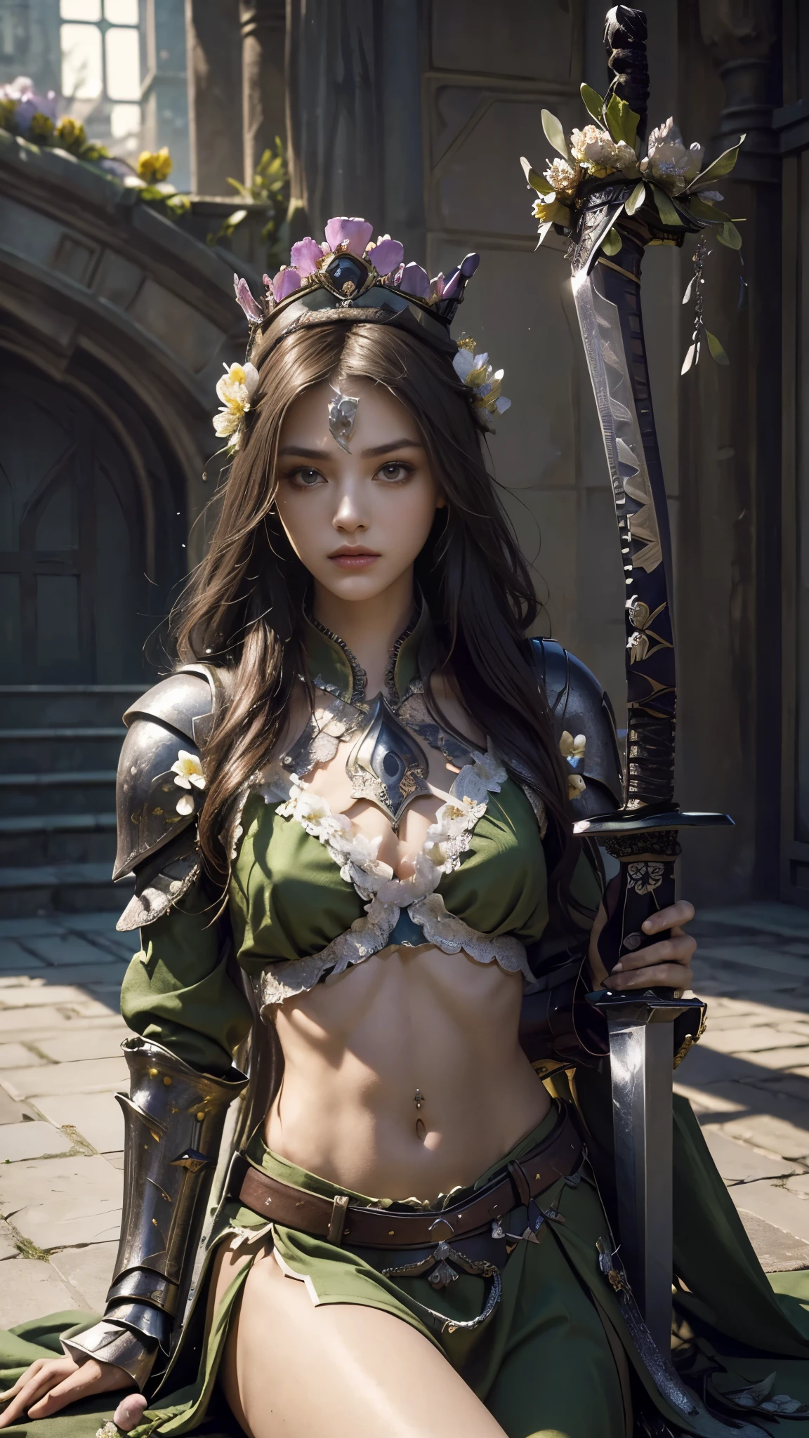 model shoot,1 girl, (innocent face:1.4), long hair, (assassin armor:1.5), green outfit, lace:1.5, bare waist, ( beautiful crown:1.5), (flower:1.5), hyper realistic, super detailed, Dynamic shot, masterpiece, scene sharp détails, perfect eyes, perfect skin, (assassin sword:1.5), (perfect slim body:1.5), sitting,