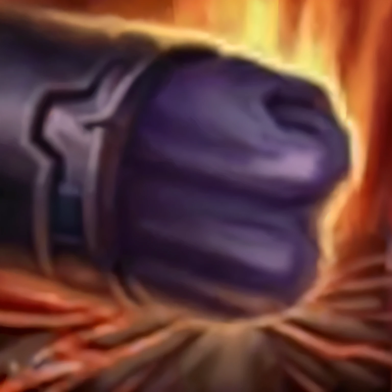 a close up of a purple object with a black handle, dark sword in ares's hand, mana flowing around it, hearthstone weapon art, holding enormous mace, extreme hand detail, hearthstone card art, splash art, world of warcraft spell icon, closeup of fist, fireball hand, large fists, purple fire around magic arena, war theme gauntlet, doomfist