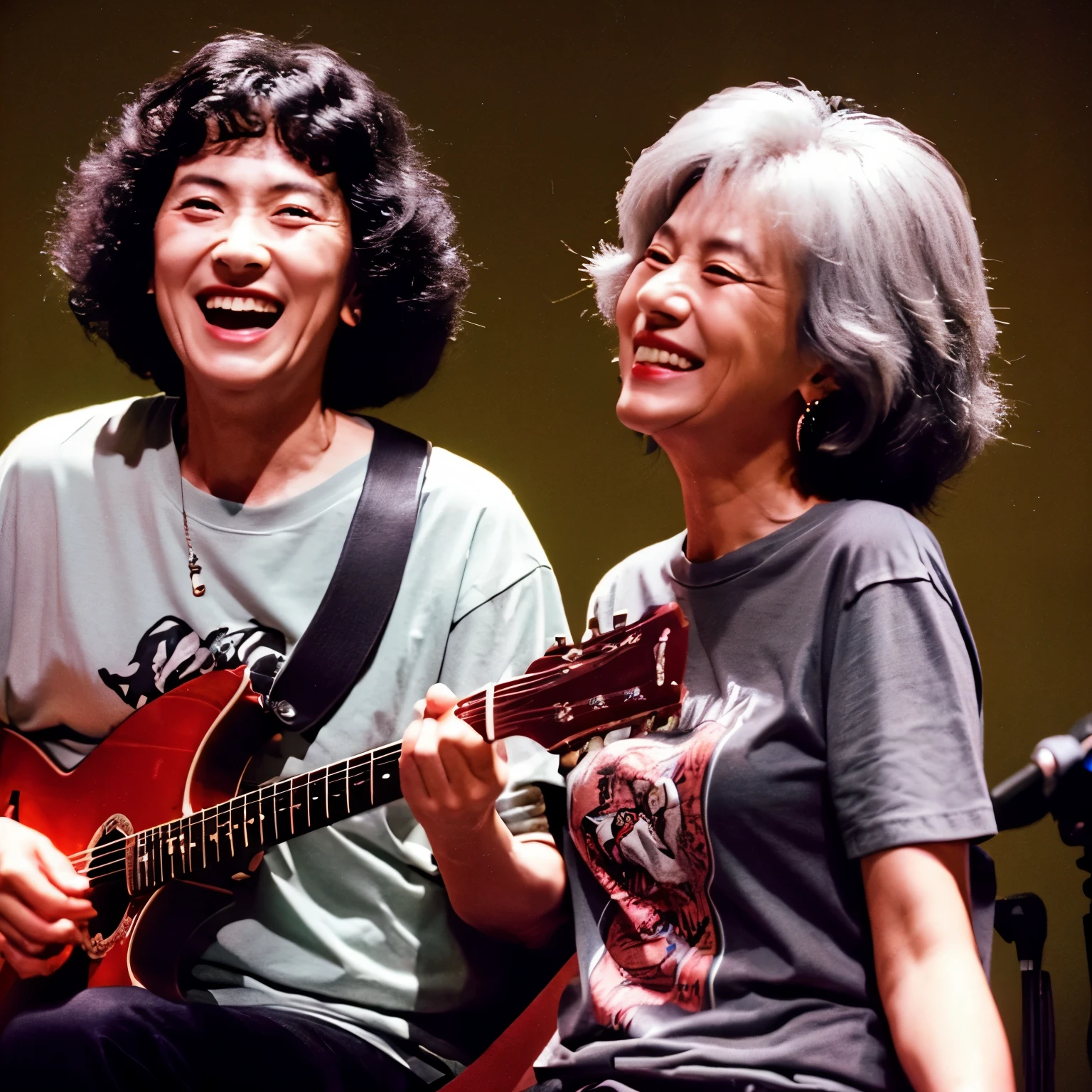 grandmother,dentures,stage light,gray hair,punch perm,have a guitar,Wearing a tiger print T-shirt,The audience is in high spirits,1990s Japanese Style