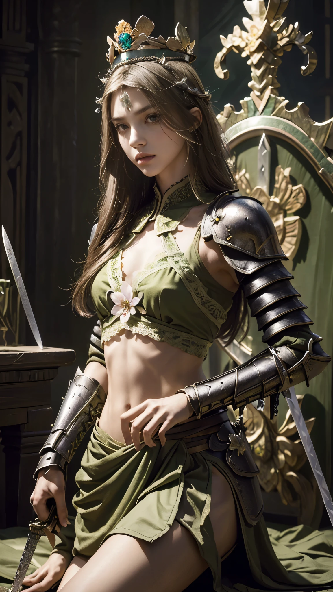 brunette warrior, armor, medieval fantasy, D&d, RPG, ultra realistic, ultra detailed, best quality, 8k, wallpaper, steel breastplate, steel boots, steel gauntlets, steel gloves, front, sitting, legs open, with hand in panties, skirt lifted, green skirt, tiny panties, tight panties, white panties, open crotch, panty view, upskirt, thong, cameltoe,  pantyshot, RAW,