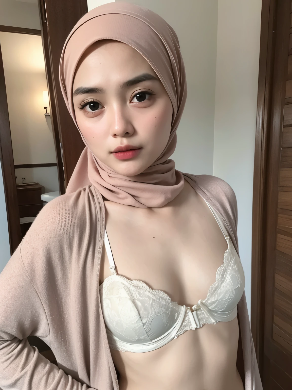 (Wearing Bra Lingerie), (((HIJAB MALAY GIRL))), masutepiece, High quality, UHD 32K, Realistic face, Realistic skin feeling , A Malay Lady, 8 years old, , Very cute and baby-like face, (((FLAT CHEST))), (MATRIX WORLD), ((look In front  at the camera and SADNESS)), ((())), (((CUTE GIRL))), ((BROWN LIPS)), ((BROWN)), (undress). WEAR BRA LINGERIE, gold