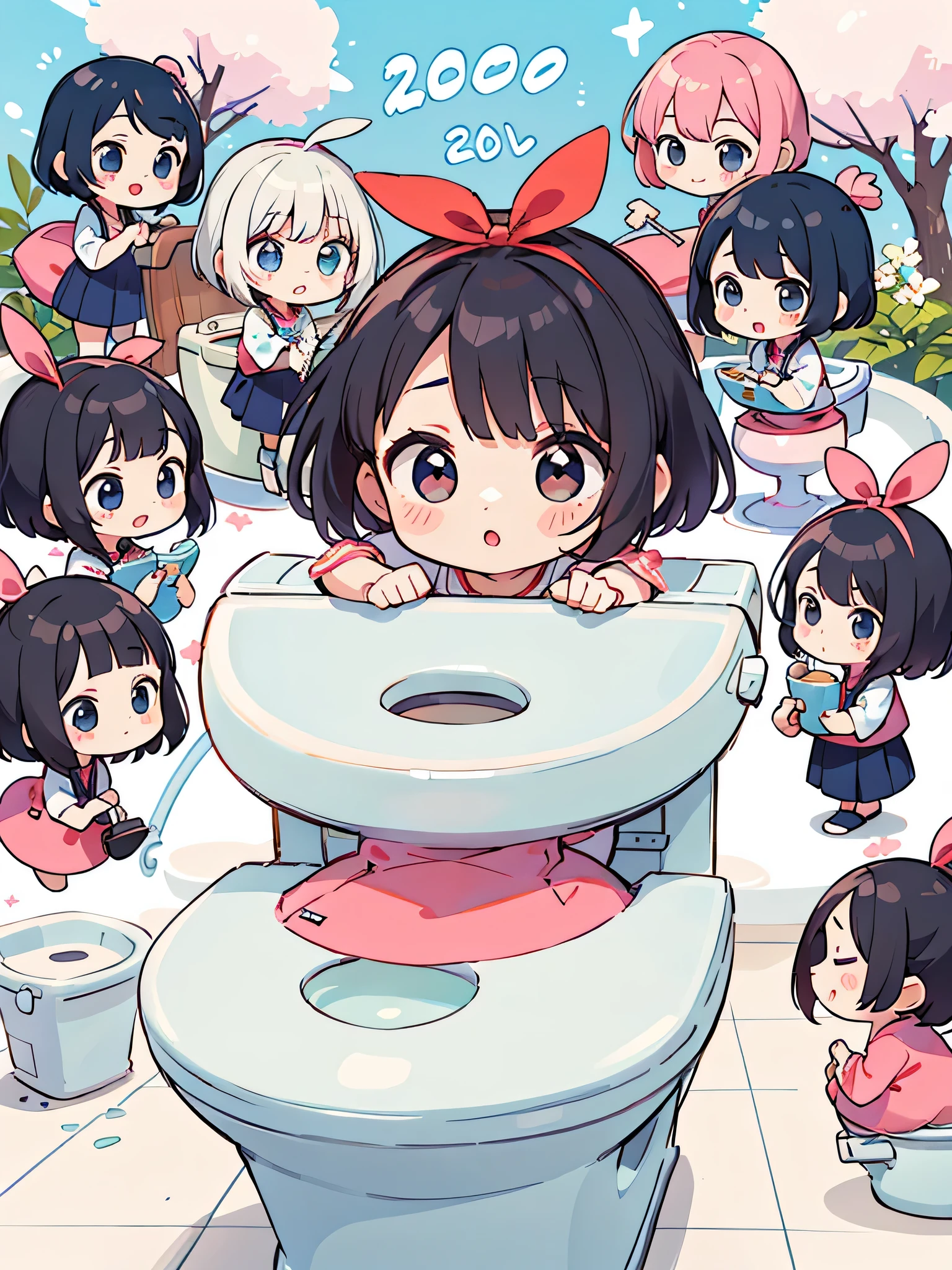 Momoko Sakura style, Kawaii Design, (((20 people)))、most beautiful girl ever、Chibi, Colorful bob hair、((Lots of friends))、(((Toilet together)))