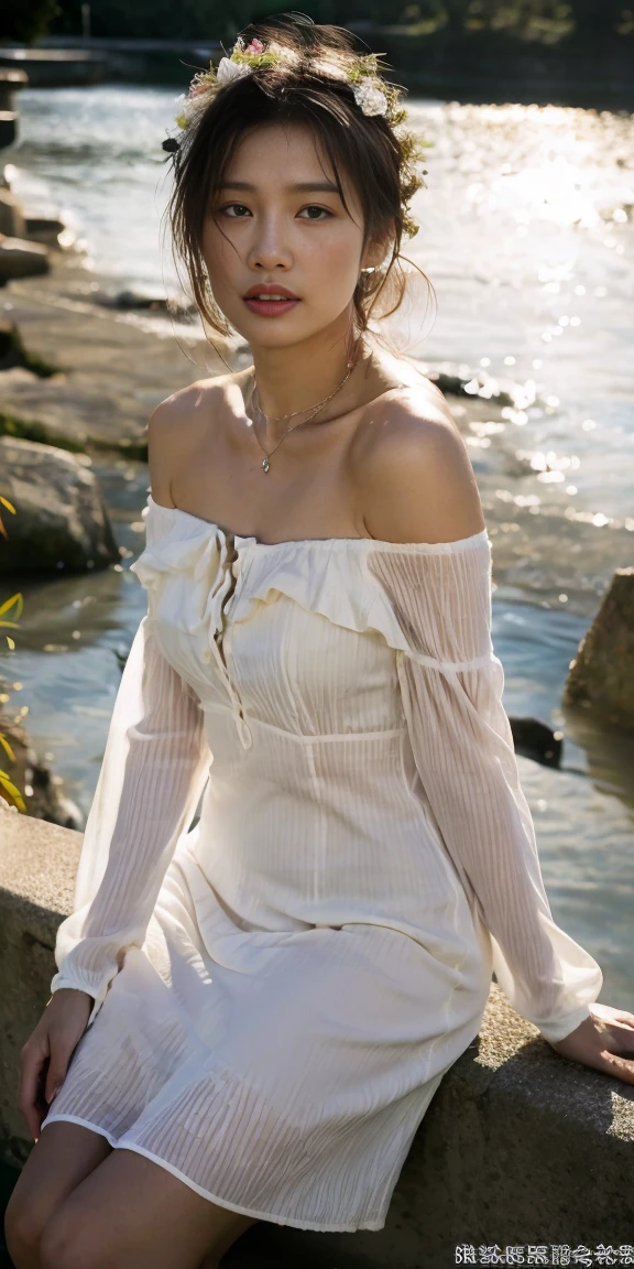 Sweet girly clothes 4,off shoulder dress,jewelry,, saint louis,(Rich picture,Masterpiece quality)Beautiful 8K CG artwork,goddess-like pose,sit by the river,posture exercises,thin and soft,translucent skin,curls, long brown hair, fair and juicy skin,Perspective Part 1.2x enhanced contouring effect,Intricate and exquisite details,The background is a bit blurry,Attractive and sexy legs,japanese goddess,Perfect body slim curves,scene in river, The whole body is soaked,(surreal , Rainy days, atmosphere ,Soft accent light, Gorgeous Rembrandt style lighting, (Rembrandt Patch)), (highest quality wet fabric texture), Matte dress fabrics, Her wet hair, surreal, Decorated with long eyelashes, The color of fireflies, A world of passion. meticulous,(fine grained), (最高細節肌膚紋理桃絨毛耳垂lifelike, water droplets) ○○ res – 超high resolution , The texture is very high (Water highlight resolution), lifelike的 hands and fingers – (lifelike美丽 4k) , 8K,Extreme details, close, She looks at the camera, tease, Her perfectly sculpted lips, lifelike, Highly realistic and natural lips. she is a, Vermeer, a work of art, Tempting. pamper.Solo woman, (highest quality fabric texture), Light-colored hair, every detail,Exquisite facial features, Masterpiece – Masterpiece ○○ Quality – (best quality) ,Leica film, High quality ○○ detailed – ○○ super detailed(Super fine ), lifelike的, Very detailed(Very detailed) , meticulous, (最高细节water dropletslifelike)○○ 解析度 – ○○ 解析度超high resolution(high resolution)
