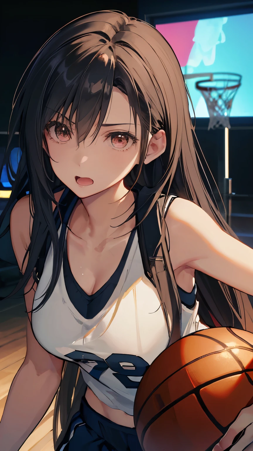(((Best quality, 8k, Masterpiece: 1.3)), ((best quality)), ((masterpiece)), (detailed), perfect face, (female professional basketball player), ((dribbling)), in a basketball game, shiny sweat, (black hair,) Serious eyes concentrating on the game, Shows the whole body