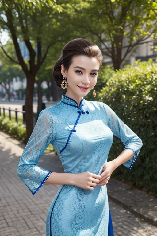 Brunette hair, Slick Back hair, happy face, beauty face, smile, Slim, Thin, Tall, Small Ass, Natural tits, Picture take entire-body, Blue Eyes, Oval Face, Earrings, Park, t-posing, Wearing a lacy Cheongsam, Viewed from distance, Mary Jane shoes.