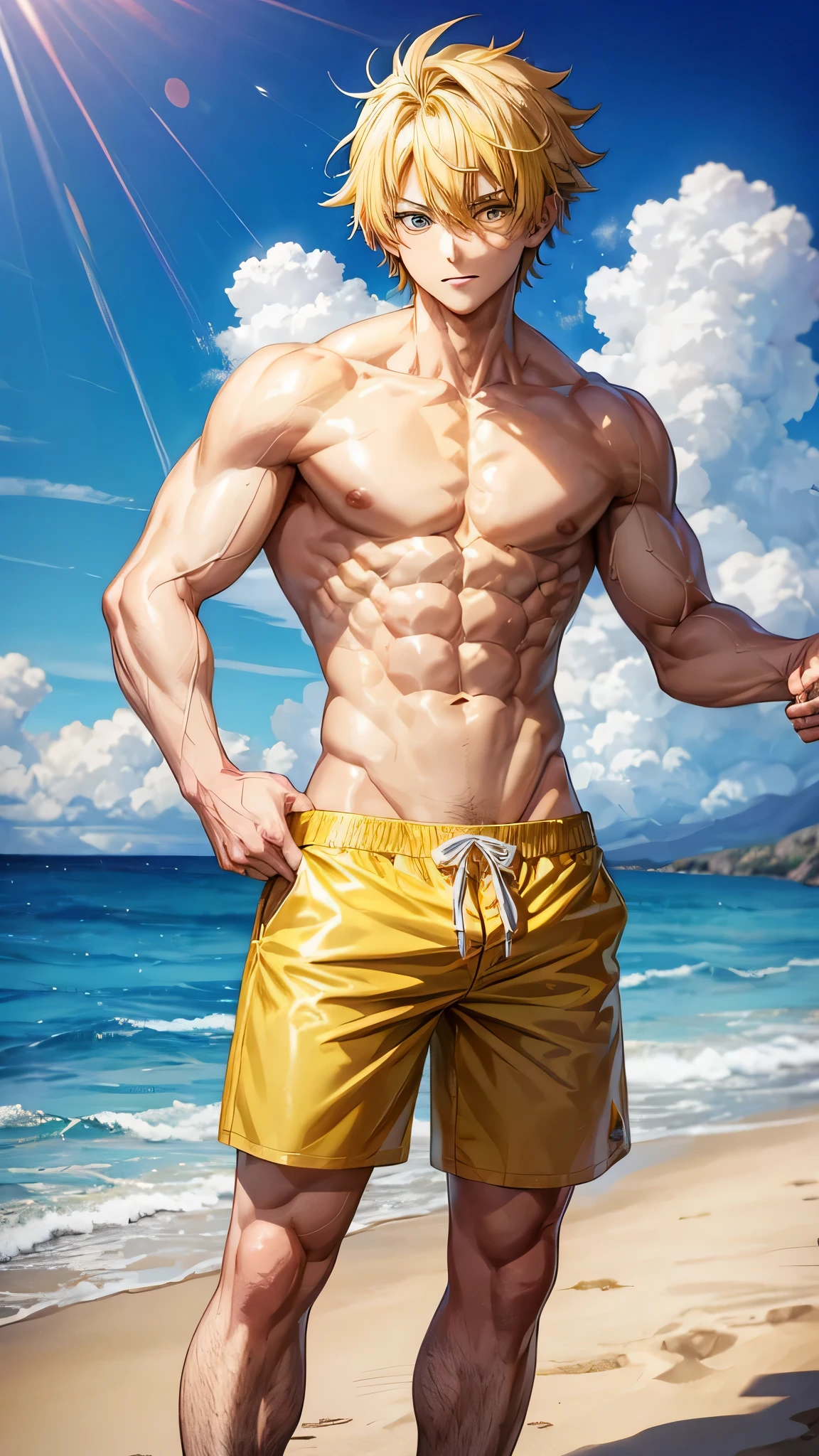 Anime guy about , shirtless, with yellow eyes and yellow hair, muscular, 6 pack abs, with white shorts, on the beach  