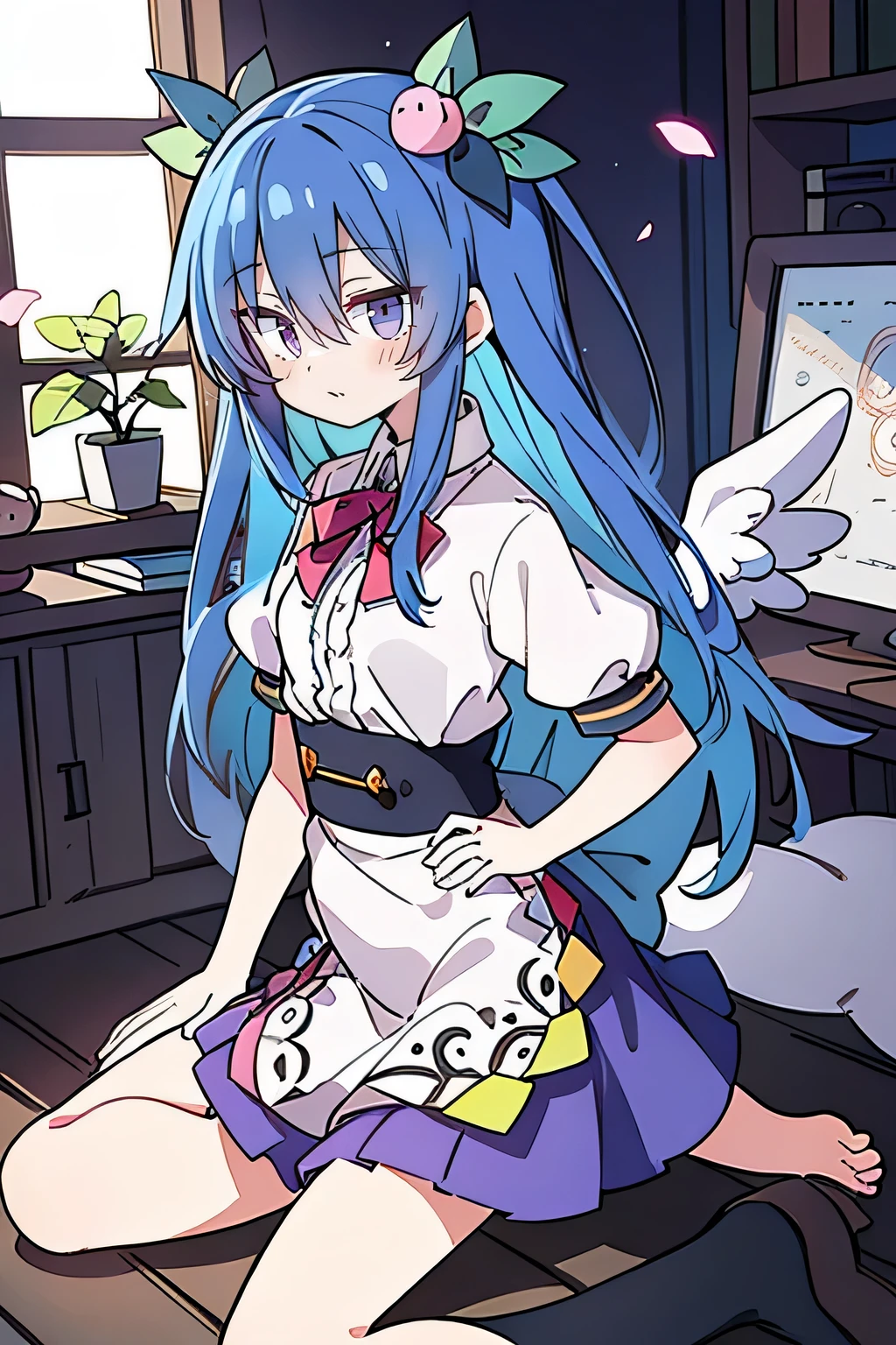 (masterpiece),best quality, expressive eyes, perfect face, 1girl,
 Put your hands on your waist,fair, Gorgeous,Japanese cartoons,girl,lola,Hina Angel, blue hair, blue haired, floating clothes,Grab your waist, Grab your waist, hands on hips , hands on hips,sit, sit on ground, Legs on the ground, flat chest,Petals fall,