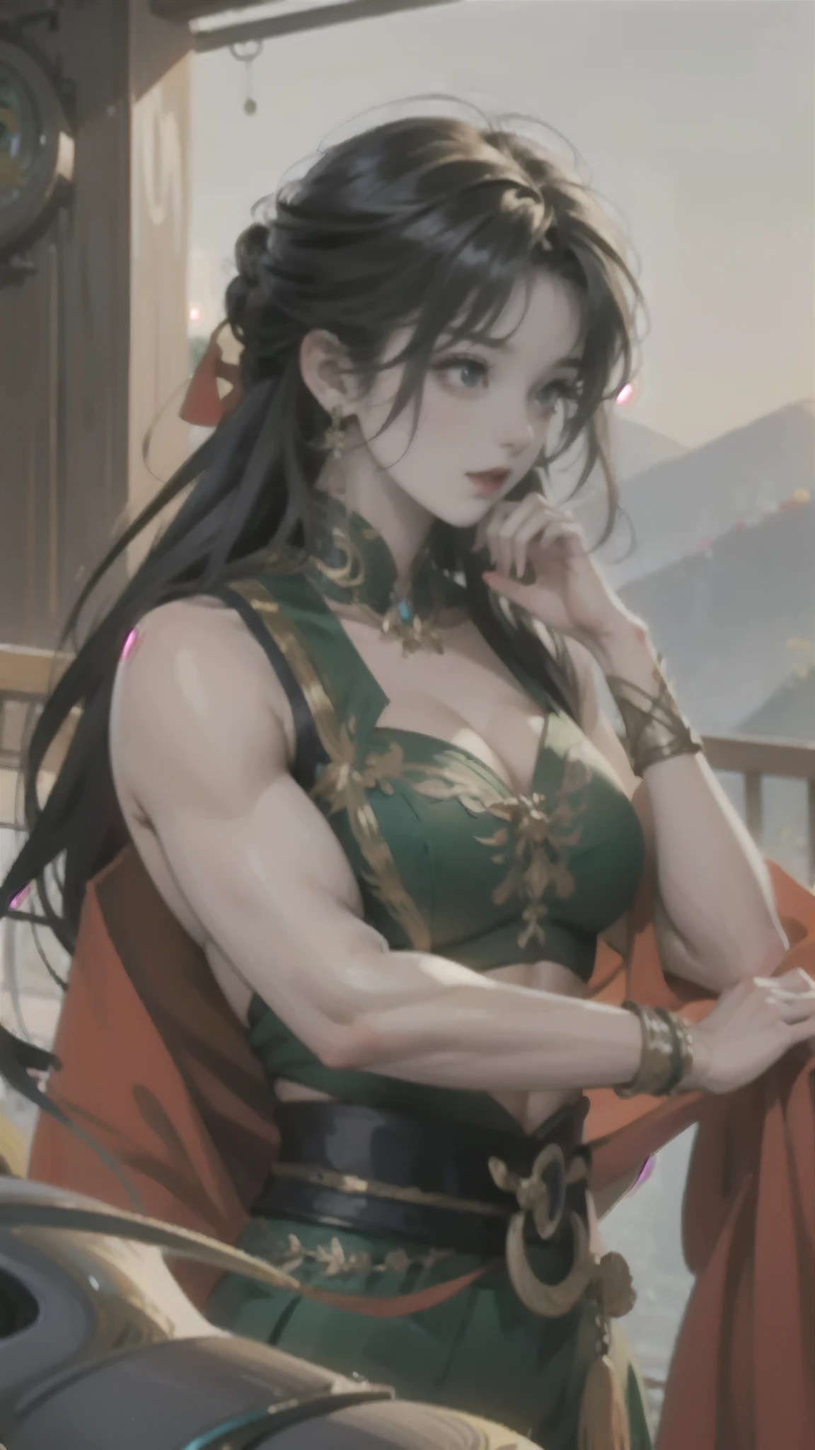 (masterpiece, best quality:1.2), 1girl, ,girl,beautiful face, , alternate muscle size,black hair,,muscular ,abs,biceps,