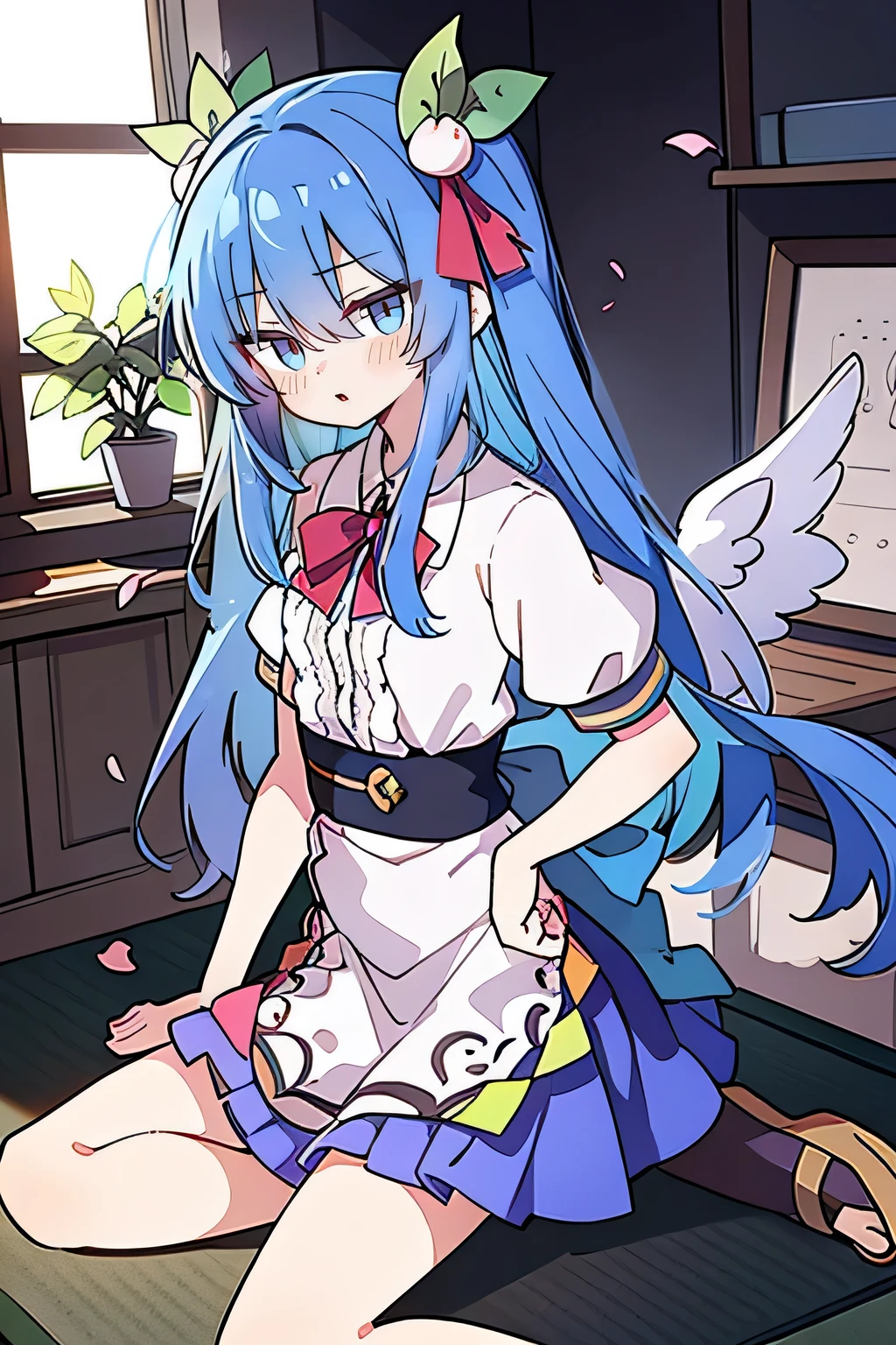 (masterpiece),best quality, expressive eyes, perfect face, 1girl,
Put your hands on your waist,fair, Gorgeous,Japanese cartoons,girl,lola,Hina Angel, blue hair, blue haired, floating clothes,Grab your waist, Grab your waist, hands on hips , hands on hips,sit, sit on ground, Legs on the ground, flat chest,Petals fall,