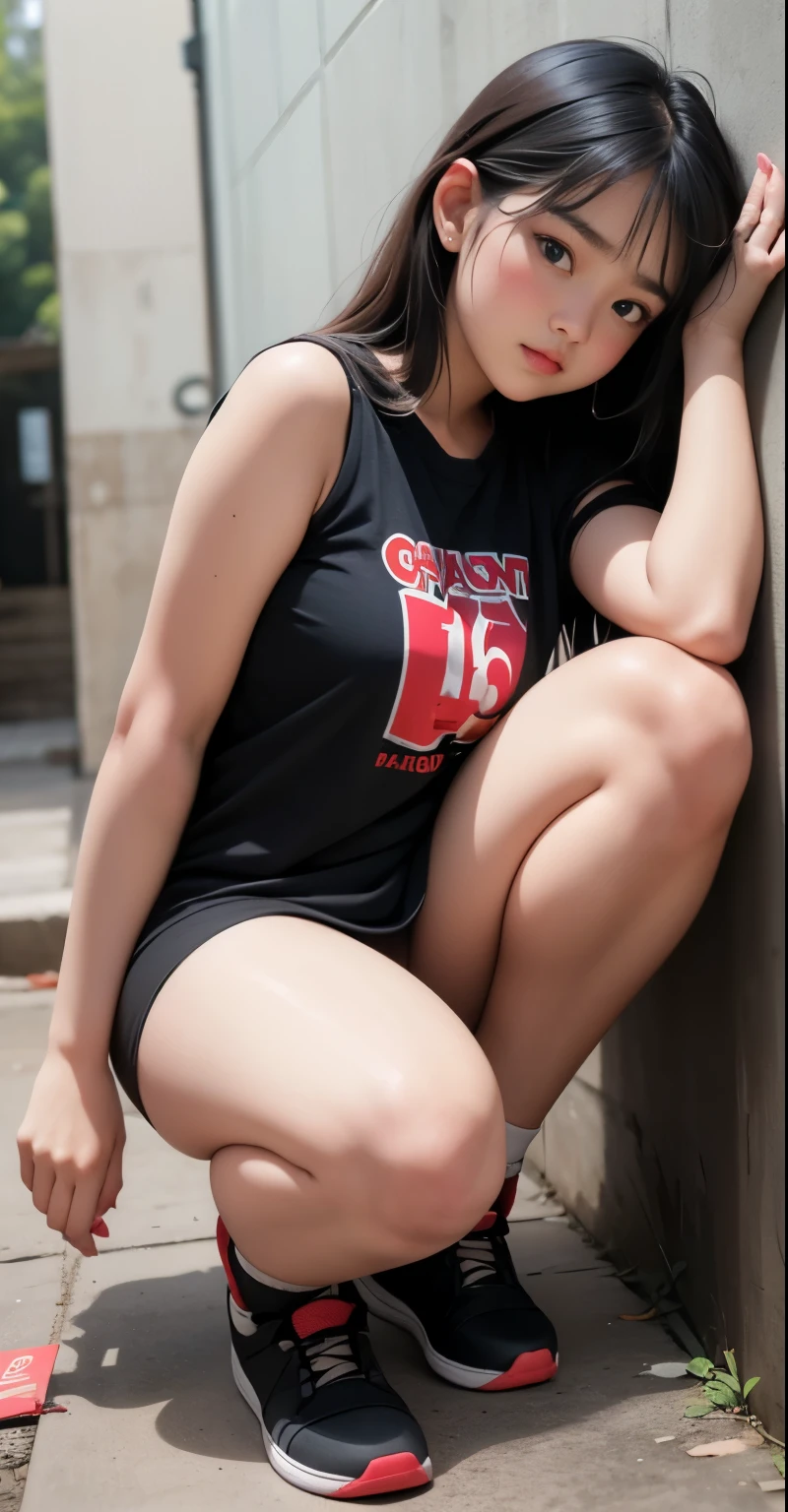 Gadis tahun, tubuh chubby , pose acak di ruangan hitam, memakai sepatu kets warna merah, payudara kecil, paha tebal, naked, thick arm, hot clothes