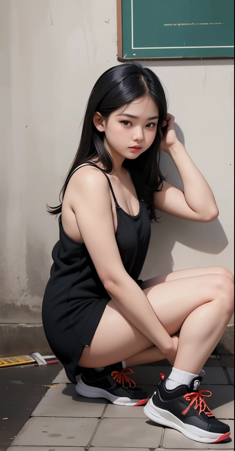 Gadis tahun, tubuh chubby , pose acak di ruangan hitam, memakai sepatu kets warna merah, payudara kecil, paha tebal, naked, thick arm, hot clothes