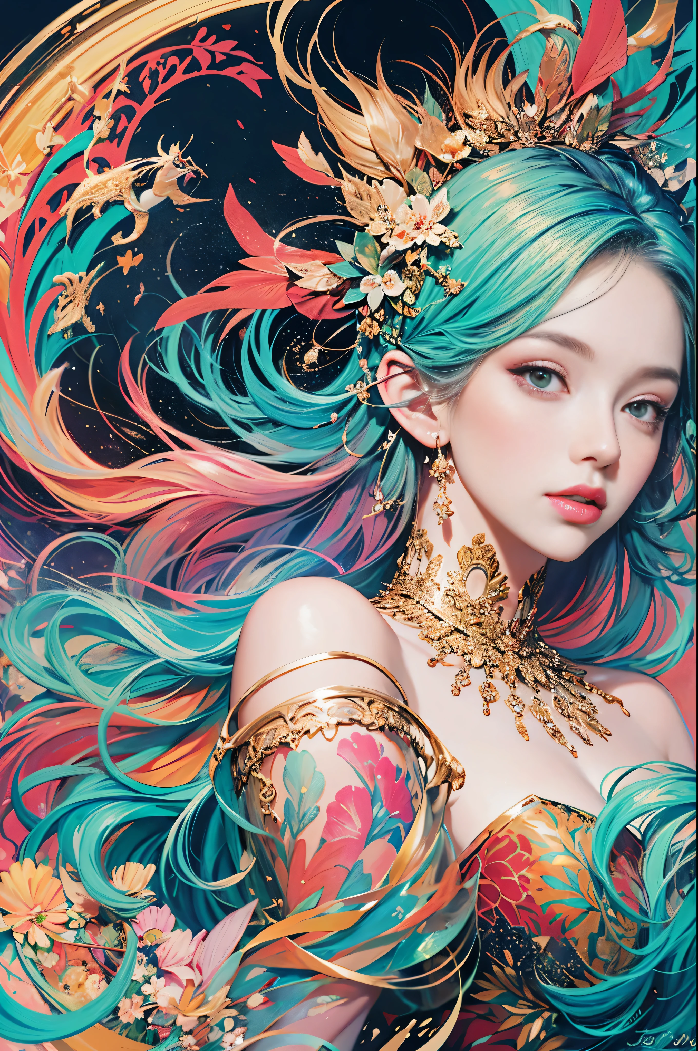 Cuadro de mujer con pelo largo y pelo colorido., beautiful digital illustration, awesome digital illustration, gorgeous digital art, A beautiful artistic illustration., Hermosa obra de arte digital, hermoso arte digital, hermosas ilustraciones digitales, pintura digital intrincada, Arte digital muy hermoso, pintura digital vibrante, beautiful gorgeous digital art, Long psychedelic hair, pintura digital colorida, arte digital inspirador, arte digital estilizado