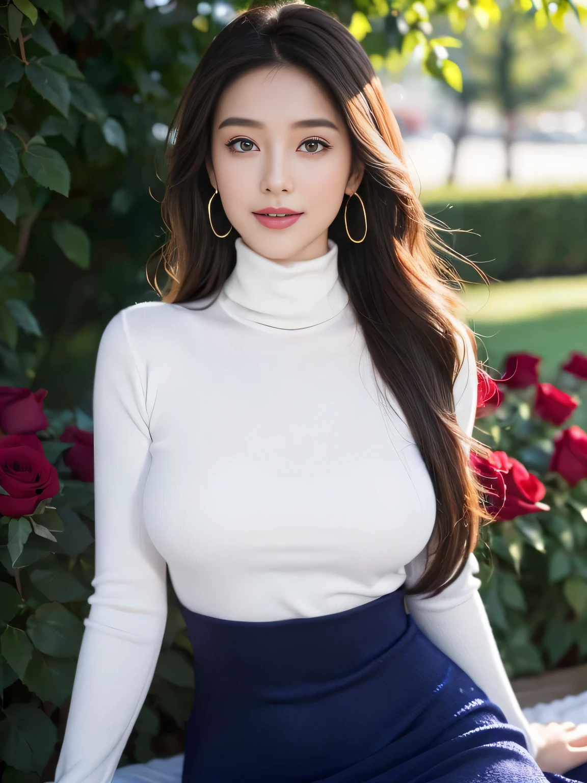 (Miss, 22 years old), (medium breasts:1.3), rose Garden、There are many red roses on the background、 ((Hold the audience's hand)), (​Masterpiece: 1.3), (maximum resolution: 1.4), (ultra high definition: 1.2), movie lighting, ultra high definition, (Detailed eyes and skin), (detailed facial features), north african trade zone, 8K resolution, Perfect style, pretty face、Highly detailed facial and skin textures、exquisite eyes、double eyelids、glitter eyeliner:1.2、Thin cheeks、(White skin:1.3)、Shiny earrings,Red Rouge:1.2、shiny lips:1.2、((full-body shot:1.2))、((from a very intimate distance:1.2))、((Navy Knit Turtleneck Piping Dress))、High heel、(layered hairstyle、light brown hair)、medium long hair、(The smile is charming:1.2)