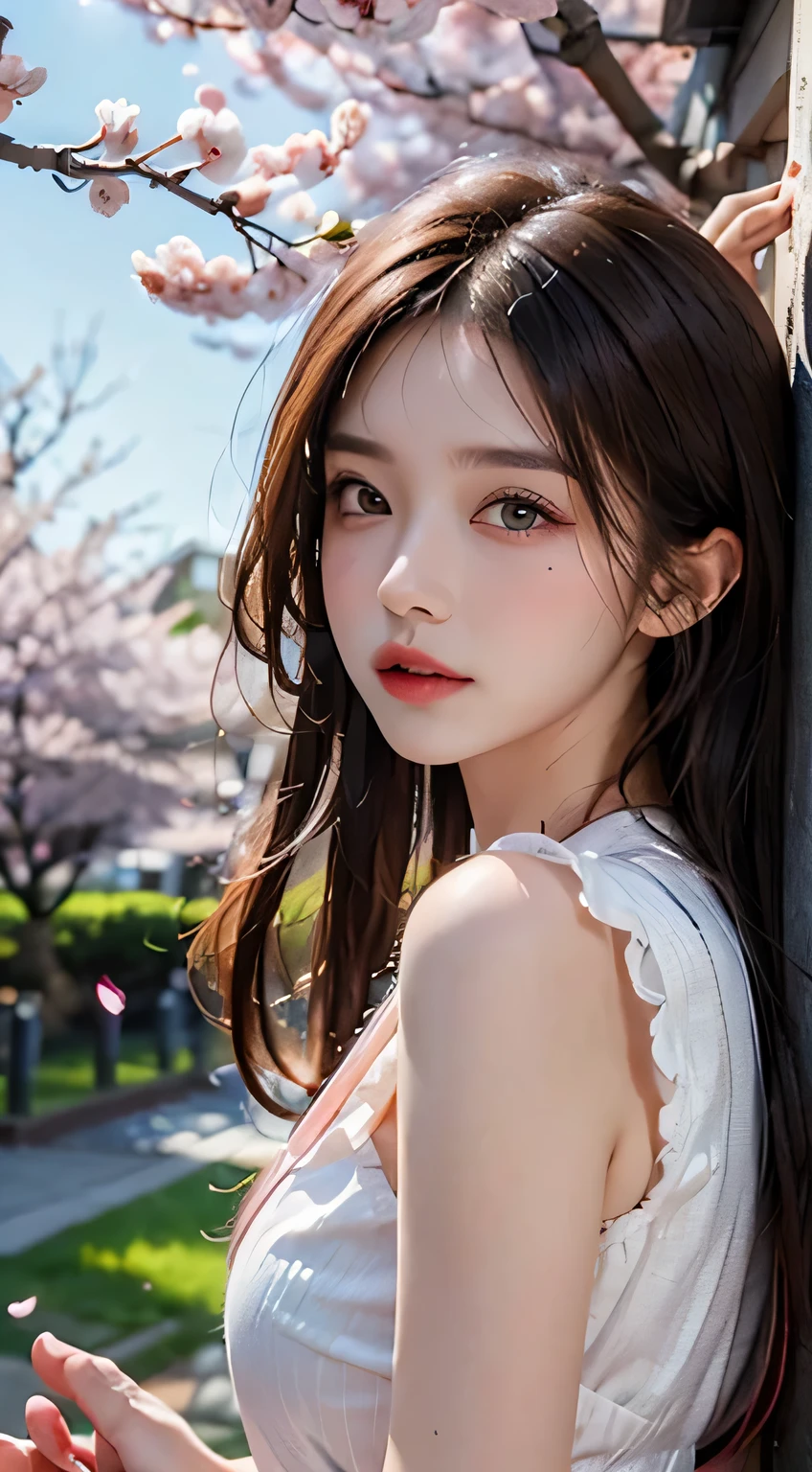 top quality, illustration, ultra-definition, fine details, high resolution, 8K wallpaper, perfect dynamic composition, beautiful detailed eyes, wearing a dress, natural colored lips, random cute pose, perfect and beautiful face, cute, sexy face, sunset, ecstasy face, feminine face, (cherry blossoms, cherry blossoms, falling cherry blossom petals, cherry blossom blizzard, falling petals), waving in the wind Hair, hair fluttering, pink cherry blossoms, petals dancing, cherry blossom snowstorm, wonderful scenery, sunrise, background sun, wind,