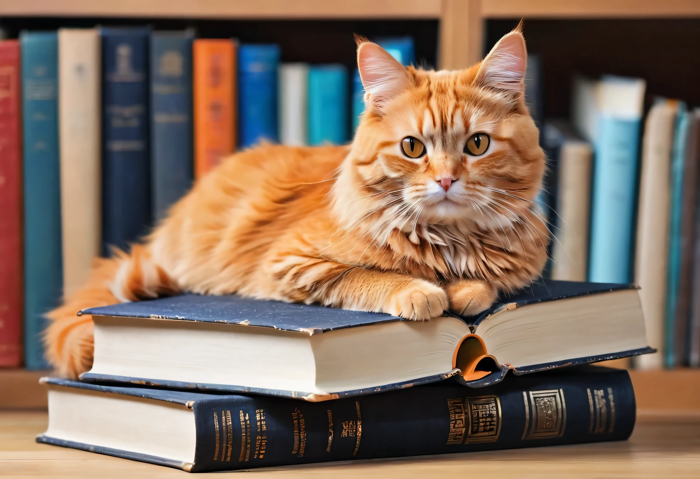 There is a cat sitting on a stack of books., Intelligent cat, There is a book next to the cat, Curled up in a book, librarian, Barely at home, the librarian, dusty library, Cat Pictures, reading a book, library background, cute Cat Pictures, In-depth knowledge, Cat Pictures, book portrait, orange cat, Cat Details