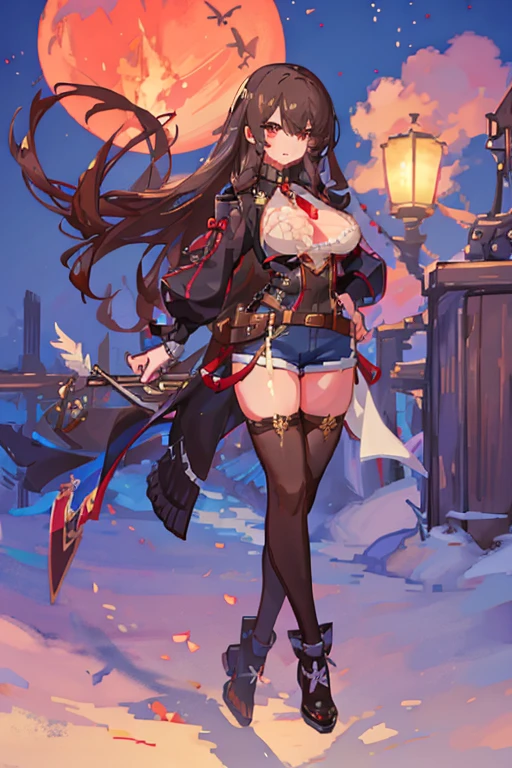 (masterpiece, highest quality, super detailed), (detailed face, perfect face), (fantasy background), (1 girl), One-handed hip stand, Very smile, Smile a lot, brown hair, messy hair, long hair, side tail, leather jacket, hot pants, high knee socks, big breasted, slightly fat big breasts, Plump,