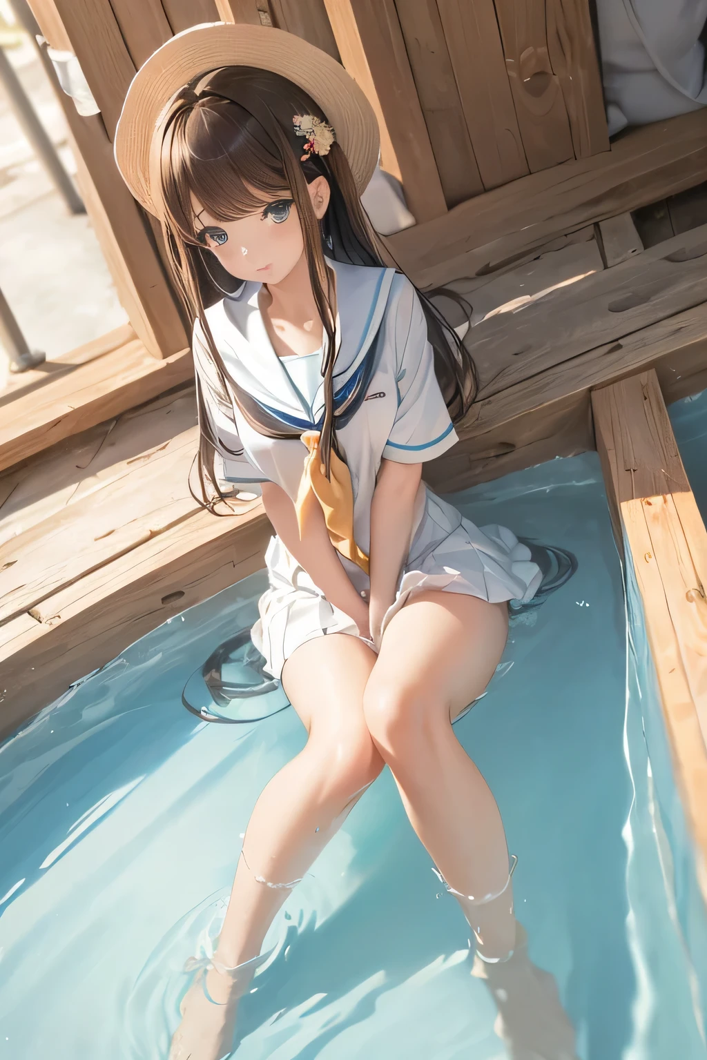 chunmomo, (masterpiece, best quality:1.2), soft light, 1girl, solo, delicate face, Detailed skin, long black hair, ,school uniform,in swimming pool