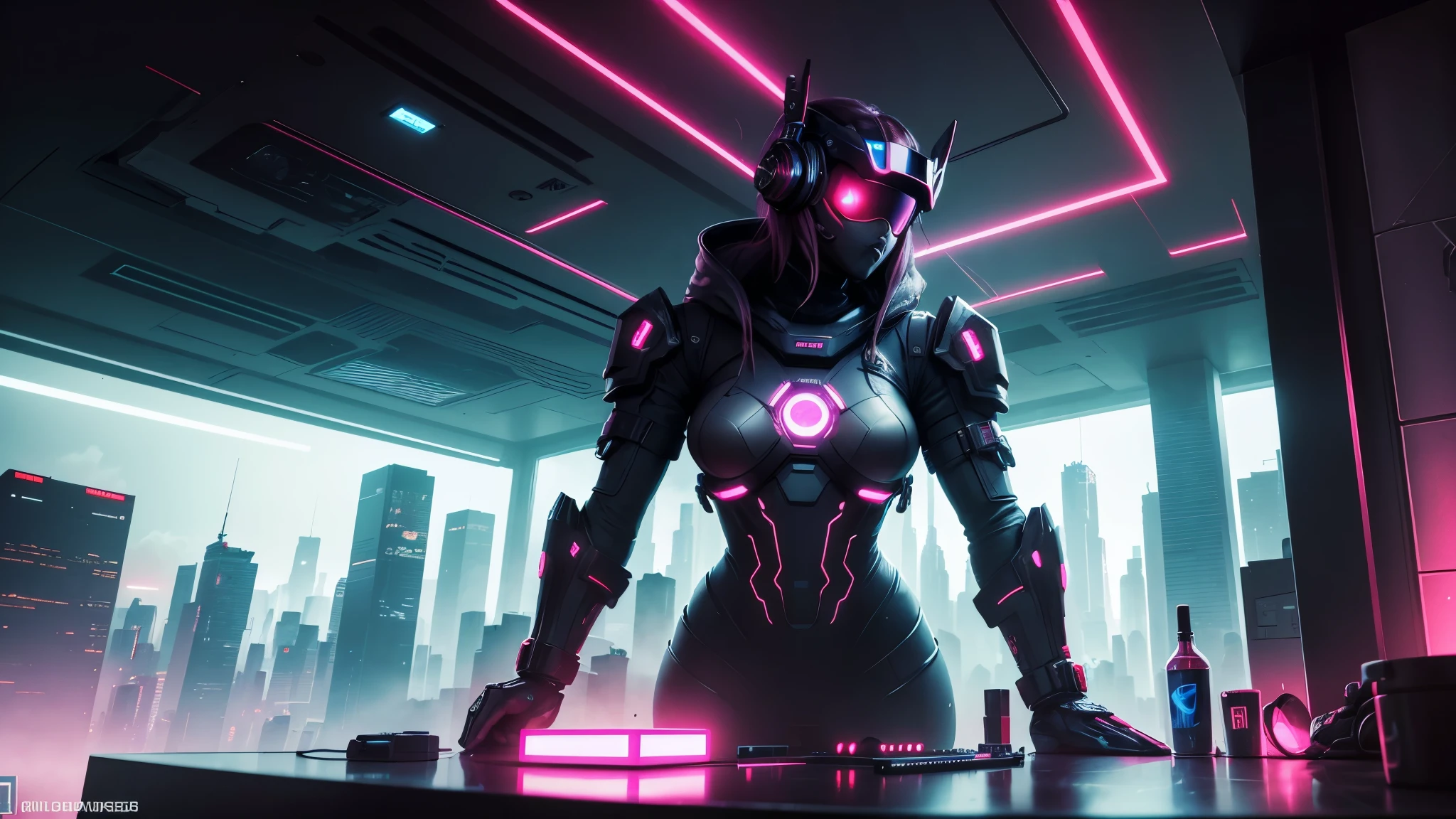 red-cyber-punk,3D rendered,ultra-detailed,technological marvels,neon lights,metallic surfaces,vibrant colors,cyberpunk atmosphere,high-tech gadgets,futuristic architecture,a flickering hologram,CCTV cameras,sleek and shiny furniture,silhouettes of people,glowing cybernetic implants,artificial intelligence assistants,hovering drones,futuristic fashion,reflective glass surfaces,dimly lit corridors,smoke-filled air,high-rise buildings,rebel hackers,evolving virtual reality,wires and cables,black market dealings,encrypted data,advanced weaponry,a mega city skyline,bustling streets filled with hovercars and flying bikes,DJ booth in a corner,heavy beats of electronic music filling the air,hacktivist graffiti on the walls,a secretive meeting in progress,a sense of mystery and excitement.