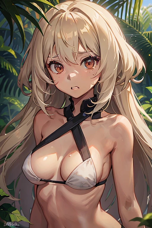 A tanned-skinned anime girl lies despondently on the ground, her hand cradling her abdomen in agony. Her slender frame is clad in a ripped bikini top, the fabric revealing the faint outlines of her ribs. Long sun-kissed locks cascade around her face, concealing it from view. Her despairing expression, etched with lines of hunger and suffering, speaks of a life devoid of sustenance. The sunlight filters through the foliage above, bathing her emaciated figure in a warm, golden glow that accentuates the definition of her bones. The bikini top clings to her body, leaving little to the imagination