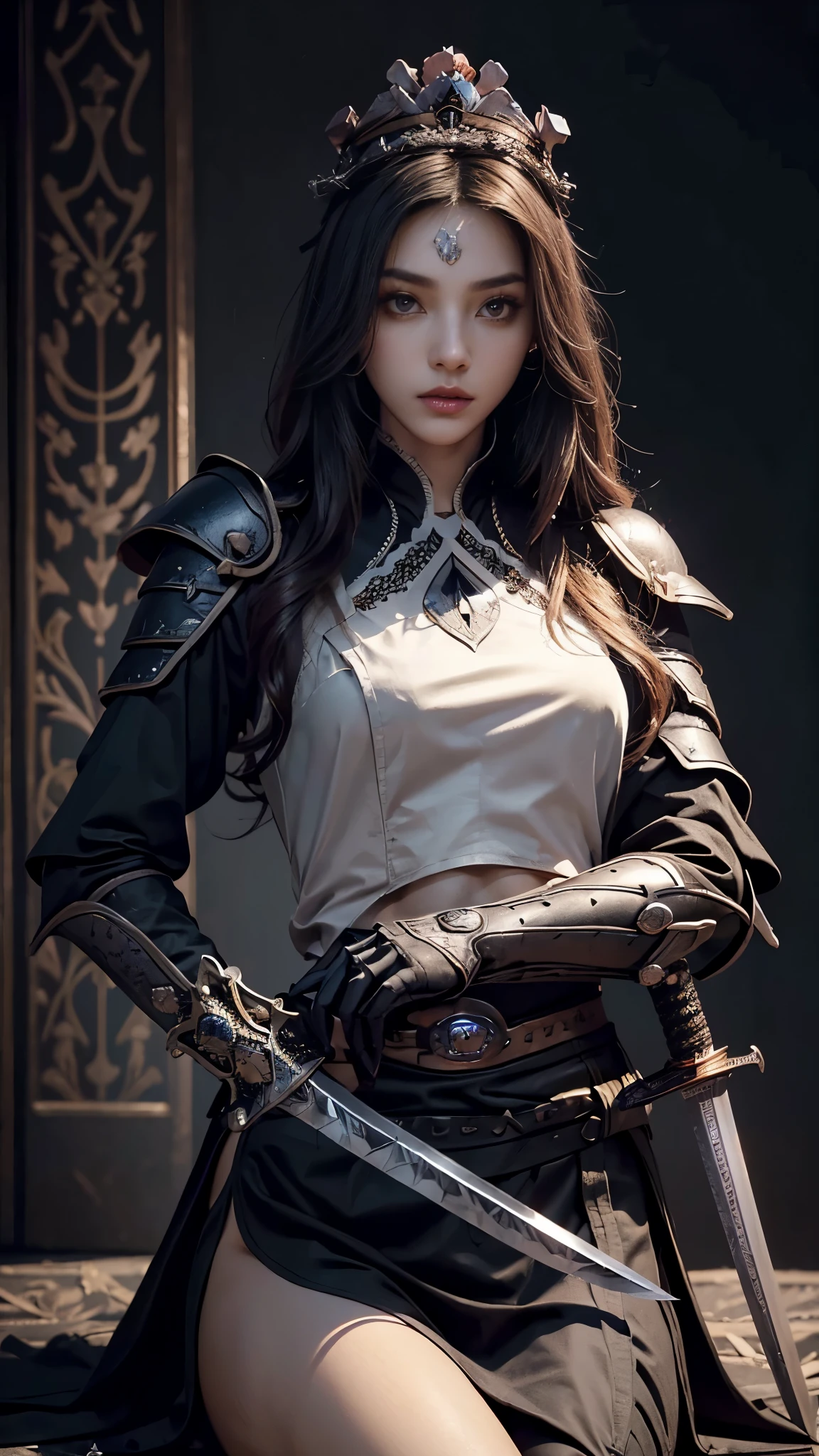 model shoot,1 girl, (innocent face:1.4), long hair, (assassin armor:1.5), black outfit, lace:1.5, bare waist, ( beautiful crown:1.5), (bloom effect:1.5), hyper realistic, super detailed, Dynamic shot, masterpiece, scene sharp détails, perfect eyes, perfect skin, (assassin sword:1.5), (perfect slim body:1.5), sitting,