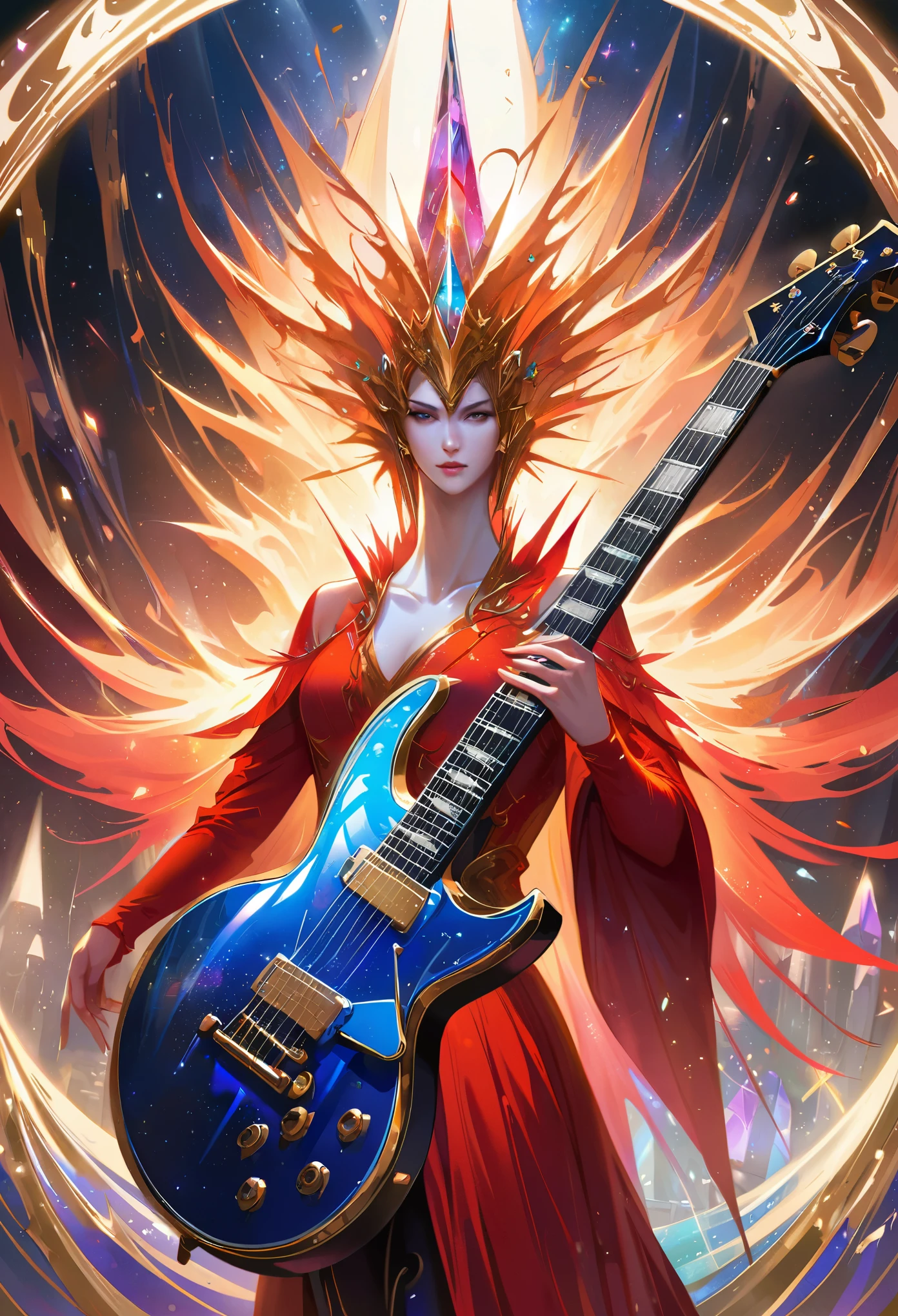 (highres,ultra-detailed,realistic:1.37),crystal,electric guitar(en),semi-transparent,carved Āsura,sharp strings,glowing,breathtaking details,long neck,captivating,Illusive reflections,powerful sound,shimmering surface,exquisite craftsmanship,ethereal,otherworldly presence,mesmerizing melodies,enchanted music,luminous vibrations,artistic mastery,illuminated stage,transcendent performance,harmonious alliance,spiritual resonance,epic solos,majestic aura,ethereal chords,celestial rhythms,energetic performance