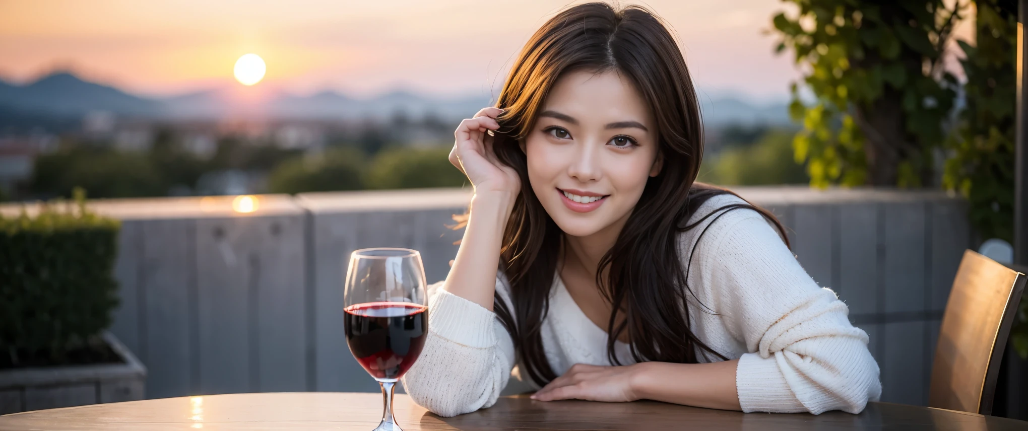 ((highest quality、8K、masterpiece:1.3))、Beautiful woman perfect body:1.4、slimなボディ、((Bob Hale、straight hair:1.2))、 ultra high resolution, bright image、2. Wine Beauties, beautiful face, blue eyes, fine eyes, light shines on your face, blush your nose, short hair,Spectacular view of the sunset sky and clouds、Amazing mountain views、ニコニコ明るいsmile、smileの素敵な女性、bright face、Fox face、lady、Champagne、Wine bottle、wine glass、red wine 、Appetizer、Italian food、two beauties、brown hair、shortcut、long sleeve shirt、Winter Fashion、dress、wine bottle、sparkling wine、Pretty Woman 1, (slimな顔), (brown hair), (shortcut), cheeks turn a little red, (36 years old), 39 years old, charming beauty、restaurant, nova frog style, actress, model, Upper body, White wine, slim, wine glass, 真ん中に置かれたwine glass, smile, (smile: 1.15), 綺麗なfine eyes, Strong light and shadow,moist body:1.5、delicate eyes、brown hair、The hair is very shiny、