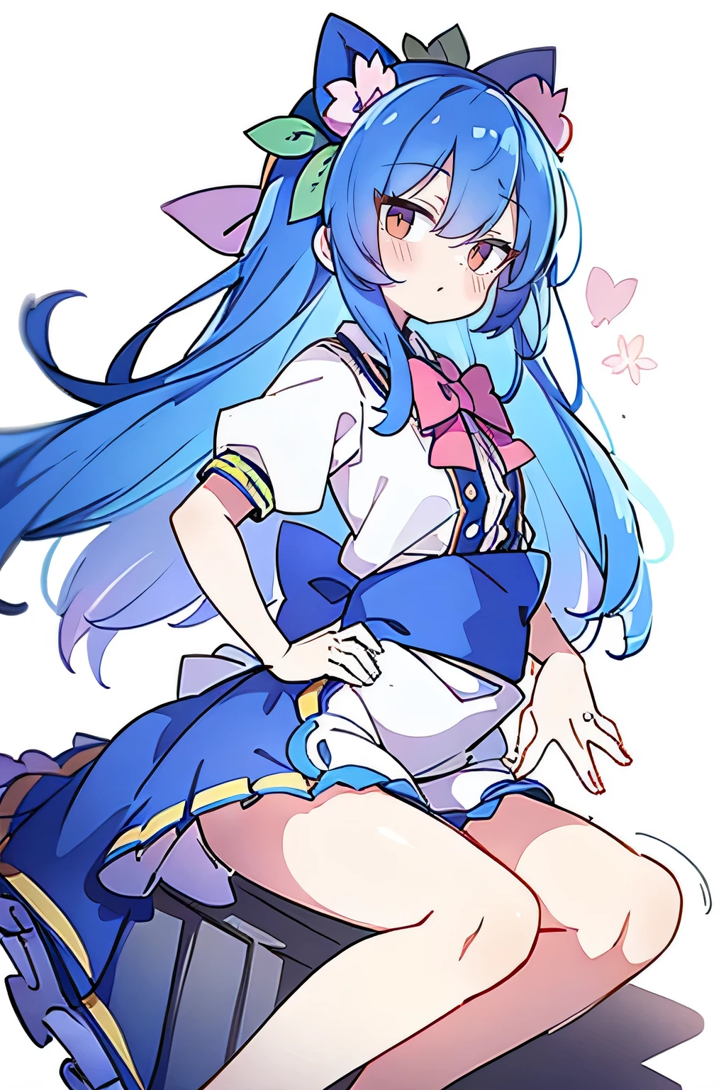 (masterpiece),best quality, expressive eyes, perfect face, 1girl,
Put your hands on your waist,fair, Gorgeous,Japanese cartoons,girl,lola,Hina Angel, blue hair, blue haired, floating clothes,Grab your waist, Grab your waist, hands on hips , hands on hips,sit, sit on ground, Legs on the ground, flat chest,Petals fall,