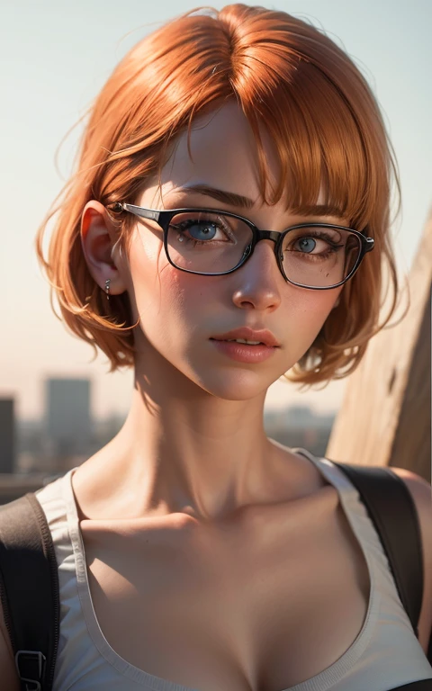 (realistic, photo-realistic: 1.37), (16k, RAW photo, best quality, masterpiece: 1.2), orange eyes, beautiful, ultra-detailed, heart-shaped pupils, physical rendering, ultra high res, front lighting, looking at the viewer, photorealistic, realistic, solo, photorealistic, best quality, extremely detailed face, extremely detailed eyes and face, beautiful detailed eyes, absurd, incredibly absurd, messy short hair, floating hair, ((oaks agrias)), whole body, radioactive orange hair, glasses, bob cut, portrait, poster, bob cut, lens flare, first-person view, close-up, 16k