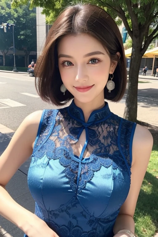 Brunette hair, Slick Back hair, happy face, beauty face, smile, Slim, Thin, Tall, Small Ass, Natural tits, Blue Eyes, Oval Face, Earrings, Park, t-posing, Wearing a lacy Cheongsam, Sleeveless, Viewed from distance, Mary Jane shoes, Picture take entire-body.