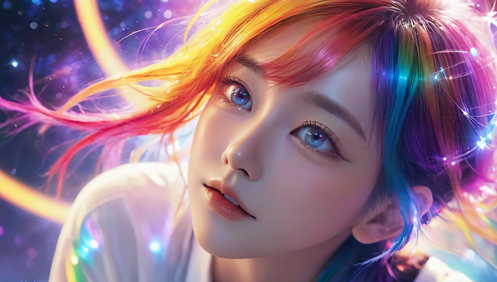 {{masterpiece}}, highest quality, Highly detailed CG integrated 8k wallpaper, movie lighting, Lens flare, beautiful detail eyes, black, Side view, multicolored hair, Rich and colorful light, particle, 16 years old、girl、laugh fearlessly、Rainbow Hair、White clothes、Big Bang Girl,The edge of the universe can be seen on the lining、dark matter、energy、Retro and psychedelic、Create miracles with a single photon、From Blink to Quasar、It's too bright to keep looking、The Super Burst is what draws you in