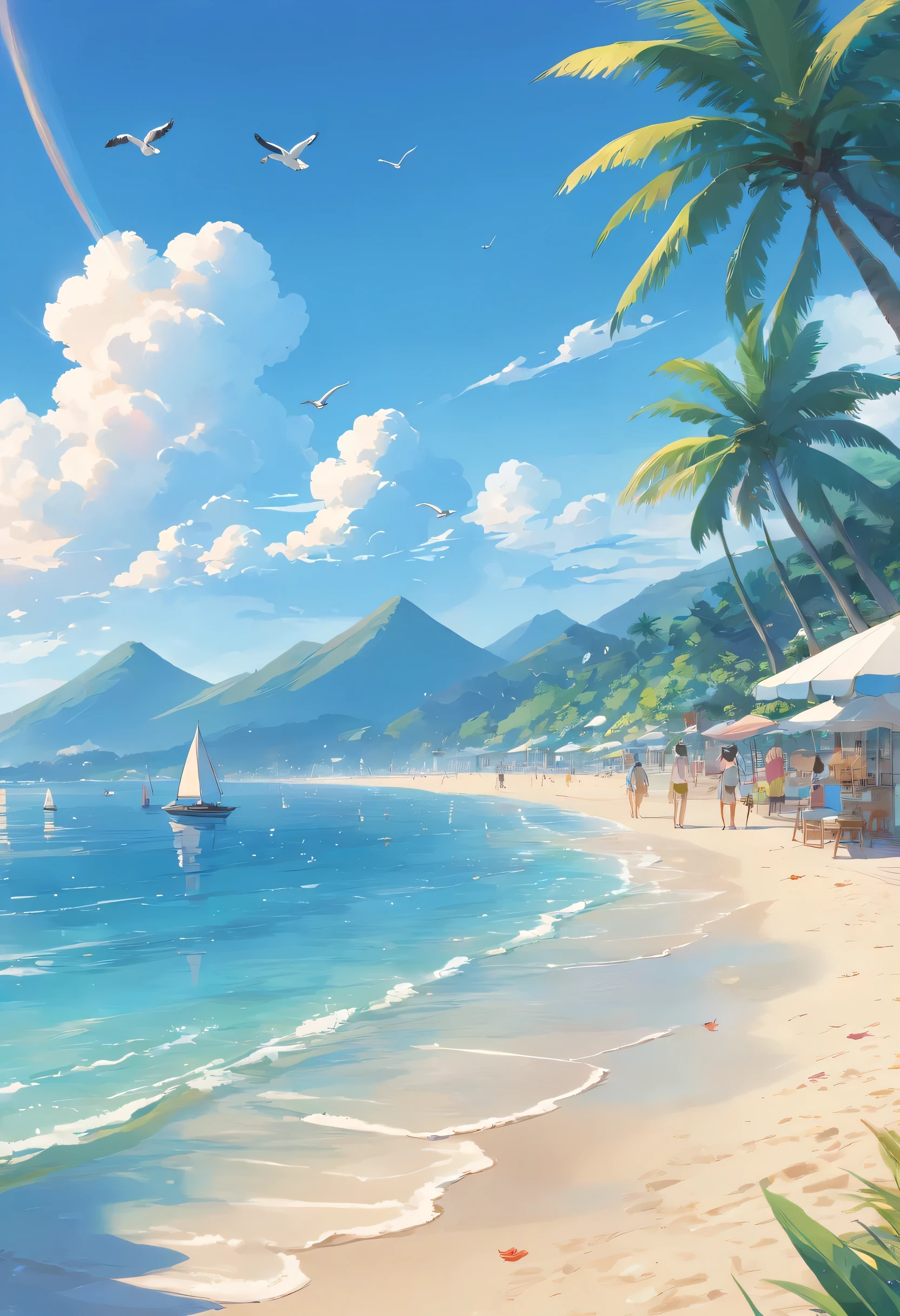 (best quality,4K,8K,high resolution,masterpiece:1.2),Super detailed,(actual,photoactual,photo-actual:1.37),hot summer day,flashing sunlight,calm ocean,soft sand,swirl,beach,Shiny parasol,Sunshade,bright colors,Relaxed atmosphere,Sun-kissed skin,A lazy afternoon stroll,Gentle sea breeze,laughter and joy,Lush green palm trees,tropical paradise,Seagulls soar in the sky,peace and tranquility,Light sunscreen scent,soda water,Coconut drinks,Naughty children building sand castle,Sailing ships in the distance,The tranquility of the horizon,Floating Clouds,Shells scattered on the shore,Beach volleyball game,Swimming and water play,Footprints on the beach,Salty Ocean Mist on Lips,Couple holding hands,Shouts and laughter of joy,Ferris wheel in the distance,icecream car,Seagull diving into water,The fisherman casts his net,endless sea,Beach umbrellas dot the coastline,People sunbathing、read a book,Beach towel and beach ball.