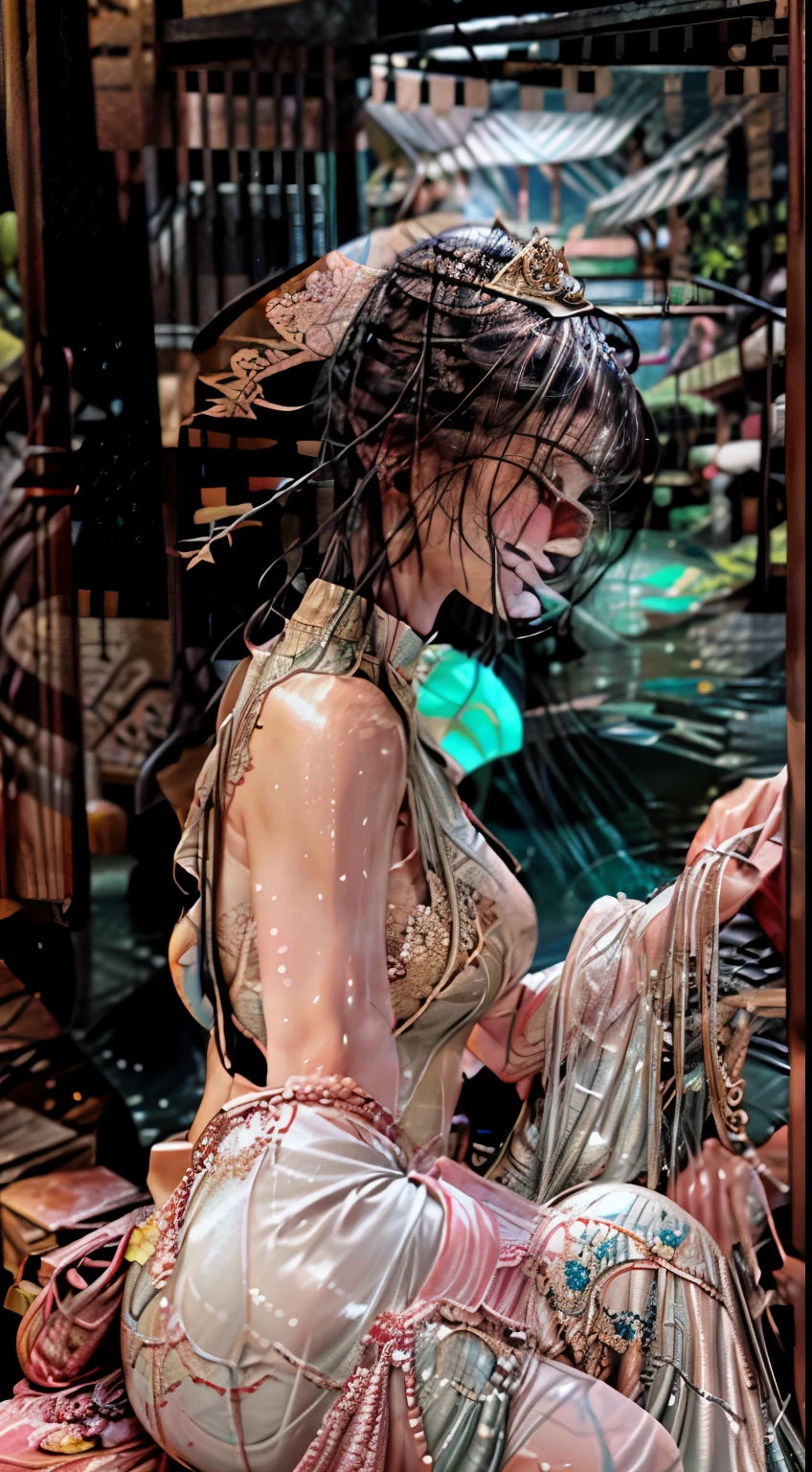 ((Best Quality, 8k, Masterpiece:1.3)), Focus: 1.2, Perfect Body Beauty: 1.4, Buttocks: 1.2, ((Long Hair)), (Wet Clothes:1.1) , (Rain, Street:1.3), Pink bandeau dress: 1.1, Highly detailed face and skin texture, Detailed eyes, Double eyelids, buttocks, Whitened skin, smile