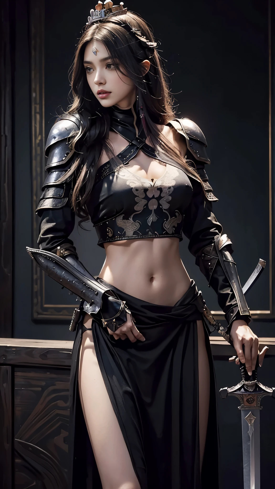 dark realistic, a sexy warrior girl holding a shield, she is wearing a seductive hip slit armour gown, seductive, long black straight hair, black eyes, red lips, white skin, long graceful neck, full bosom, tall graceful figure, long shapely legs, (best quality,4k,highres,masterpiece:1.2),ultra-detailed,(realistic,photorealistic:1.37)