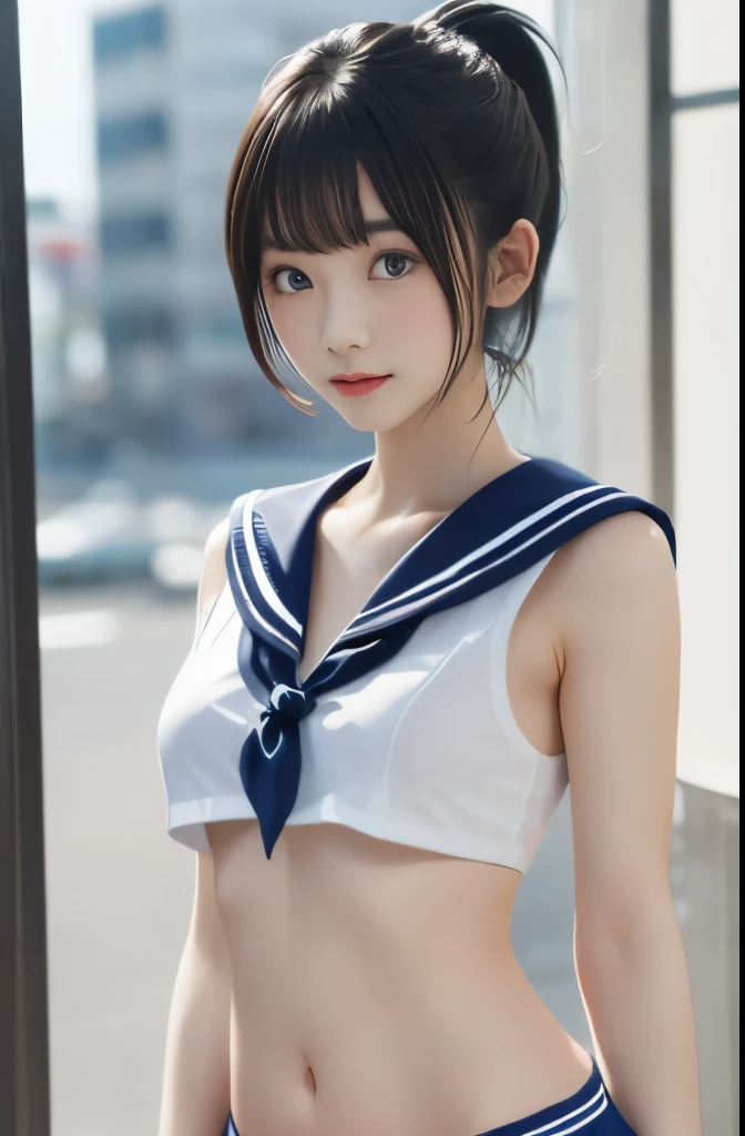 highest quality,photo quality,ultra high resolution,professional lighting,,beautiful actress,thin face,Healthy complexion,Japanese,black hair,（short bangs),ponytail,(sailor suit:1.1),small breasts,natural makeup,navel,thin waist,