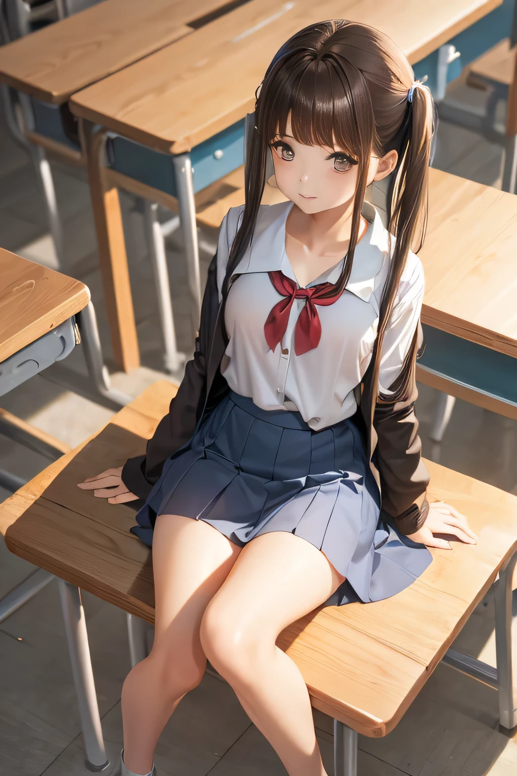 chunmomo, (masterpiece, best quality:1.2), soft light, 1girl, solo, delicate face, Detailed skin, long black hair, ,school uniform,in school, in college