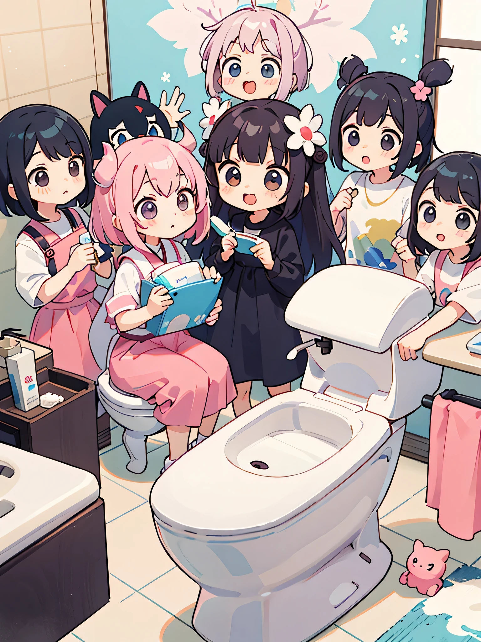 Momoko Sakura style, Kawaii Design, (((20 people)))、most beautiful girl ever、Chibi, Colorful bob hair、((Lots of friends))、(((Toilet together)))
