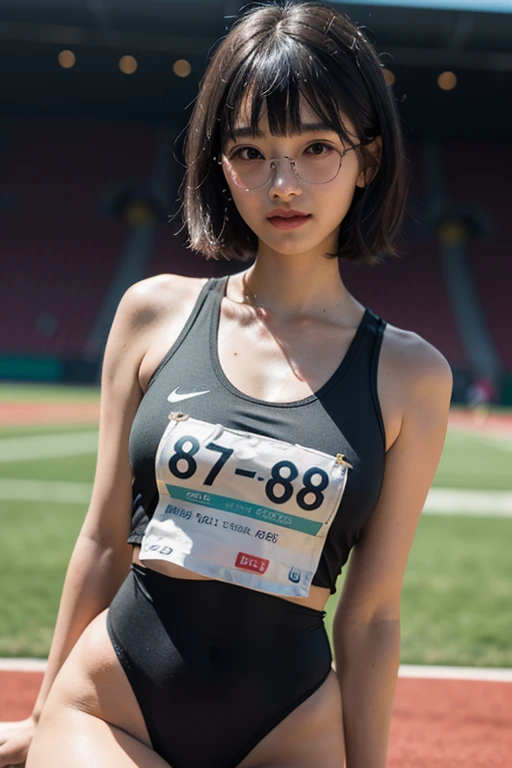 (masterpiece, highest quality, High resolution,8K, RAW image), Beautiful 15 year old plain Japanese student, wear glasses, beautiful black hair, (Partially gray hair, Cherry colored natural lips, thin eyebrows, eyelash, teardrops, snappy bangs, shiny face, shiny skin, highest quality, 超High resolution, Depth of written boundary, chromatic aberration, caustics, natural shading, kind, smile, Small devil,cute face, thighs, film grain, chromatic aberration, sharp focus, face light, clear lighting, Ten generations, detailed face, background bokeh, very big breasts, slender body, Athletics attire, The background is an athletics stadium, sexy pose, full shot