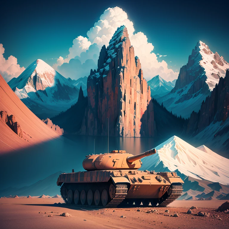 t 80 tank, mountains, syhthwave, art,retrofuturism, 80s retro, techno neon projector background, from the 8 0 s
