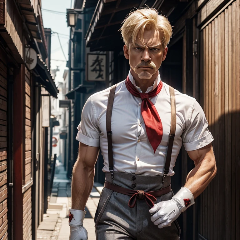 Eagle Street fighter character, age 50, scare on face, white shirt, red mens neckerchief, dark gray pants, black suspender, muscular body, white gloves, blonde short hair, blonde mustache, very serious face ,two wooden short bow in hands, 