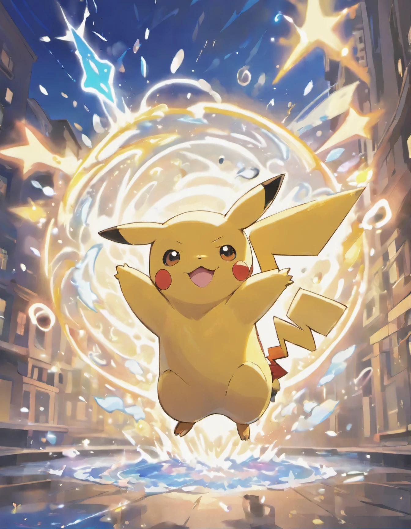 ((((masterpiece, best quality, ultra detail, very_high_resolution, large_filesize, full color)))), Pikachu is having fun thundering, Can also use water magic, neon street, lightning, best smile, 