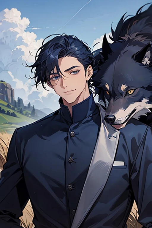 masterpiece, highest quality, confused, male,dark blue hair, low ponytail,Black and navy blue pilot suit,expensive,,Carrying wolves,He has a navy blue coat draped over his shoulders.,There'There'there's no one behind me,dark blue eyes,smile a little,With the wolf,hill,grassland,blue sky