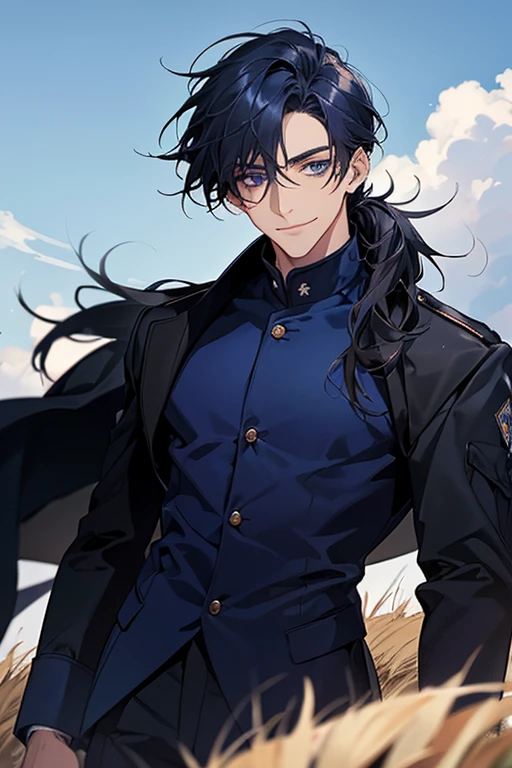 masterpiece, highest quality, confused, male,dark blue hair, low ponytail,Black and navy blue pilot suit,expensive,,Carrying wolves,He has a navy blue coat draped over his shoulders.,There&#39;There&#39;there&#39;s no one behind me,dark blue eyes,smile a little,With the wolf,hill,grassland,blue sky
