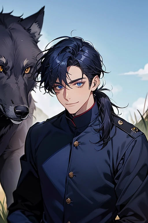 masterpiece, highest quality, confused, male,dark blue hair, low ponytail,Black and navy blue pilot suit,expensive,,Carrying wolves,He has a navy blue coat draped over his shoulders.,There'There'there's no one behind me,dark blue eyes,smile a little,With the wolf,hill,grassland,blue sky