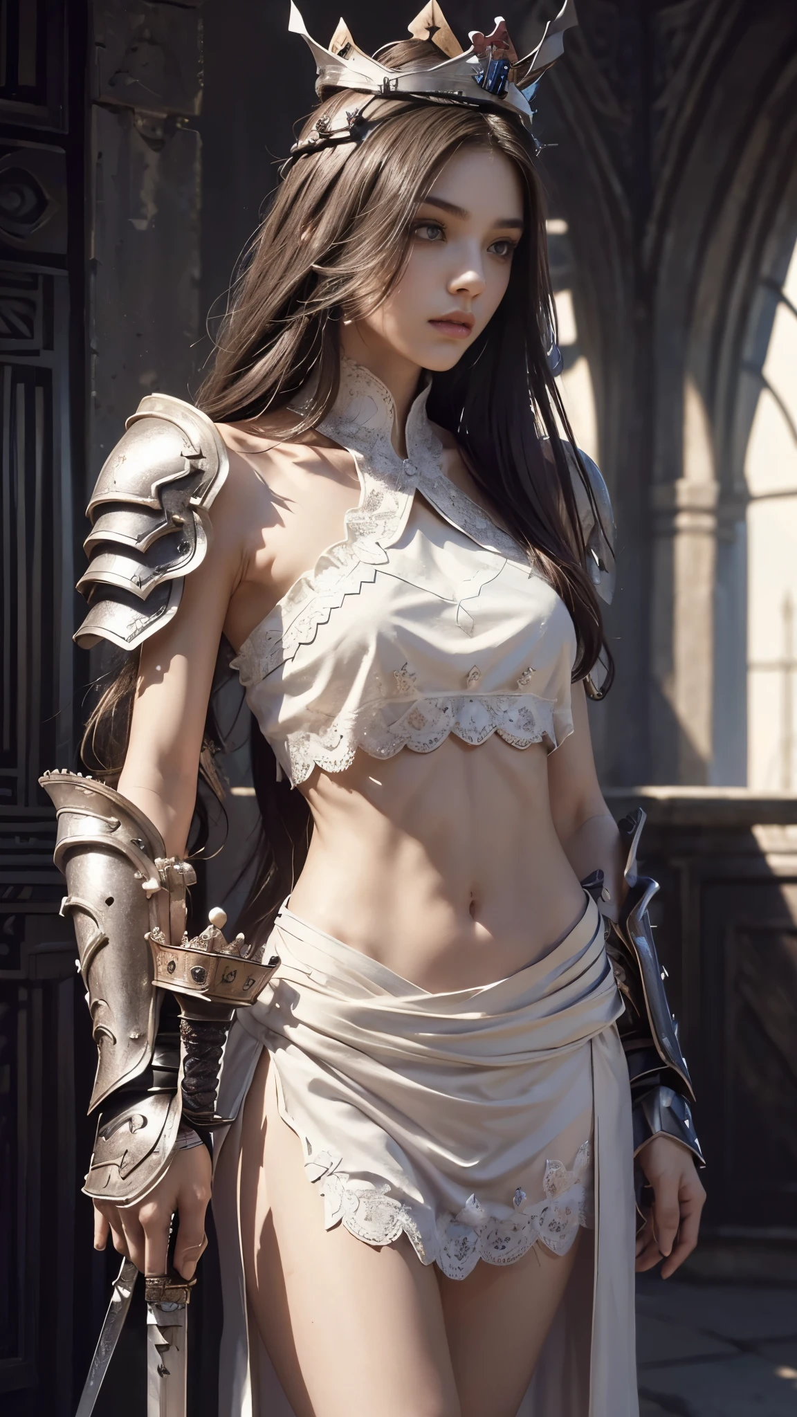 model shoot,1 girl, (innocent face:1.4), long hair, (assassin armor:1.5), white outfit, lace:1.5, bare shoulder, ( beautiful crown:1.5), (bloom effect:1.5), hyper realistic, super detailed, Dynamic shot, masterpiece, scene sharp détails, perfect eyes, perfect skin, (assassin sword:1.5), (perfect slim body:1.5),