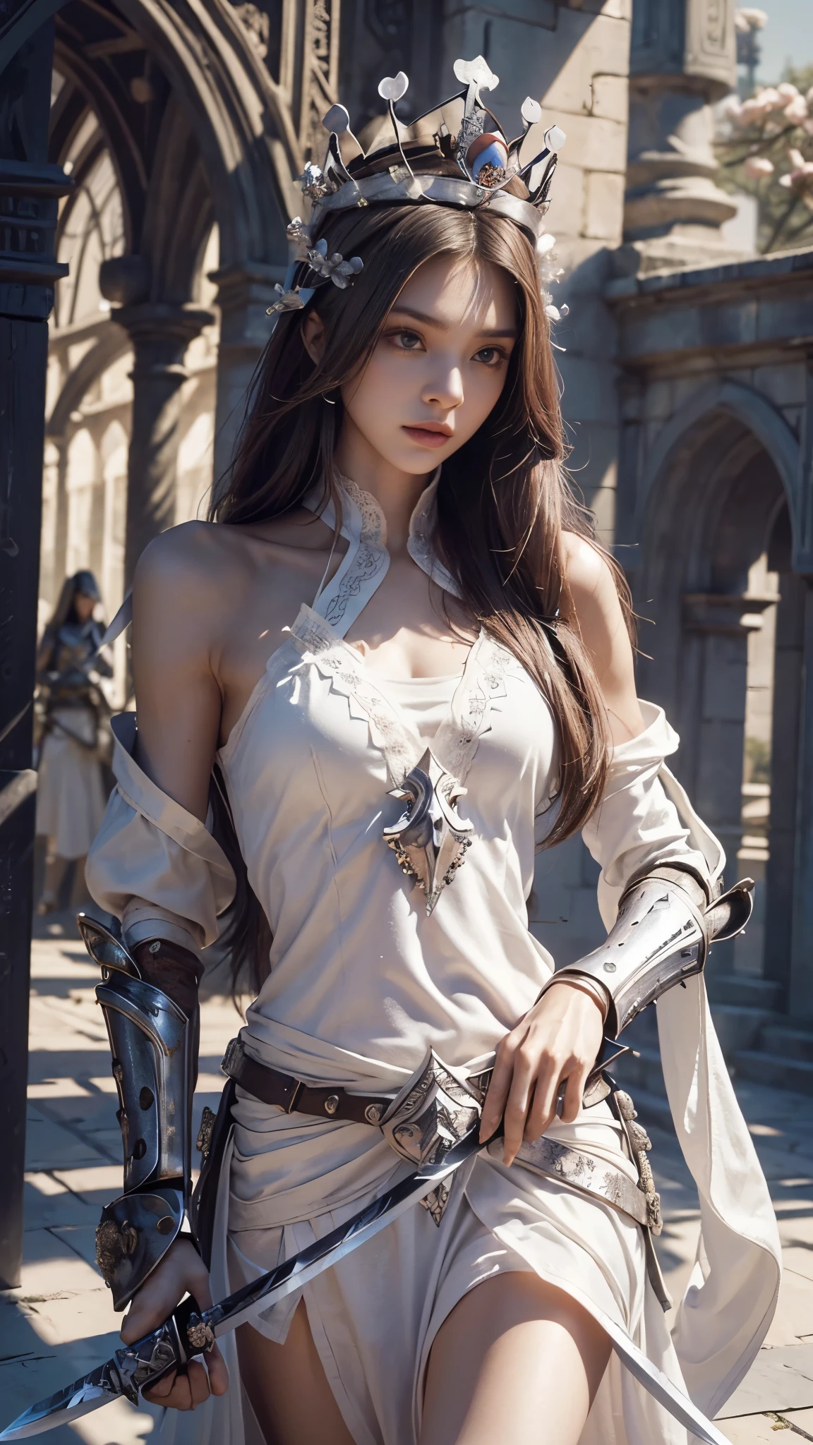 model shoot,1 girl, (innocent face:1.4), long hair, (assassin armor:1.5), white outfit, lace:1.5, bare shoulder, ( beautiful crown:1.5), (bloom effect:1.5), hyper realistic, super detailed, Dynamic shot, masterpiece, scene sharp détails, perfect eyes, perfect skin, (assassin sword:1.5), (perfect slim body:1.5),