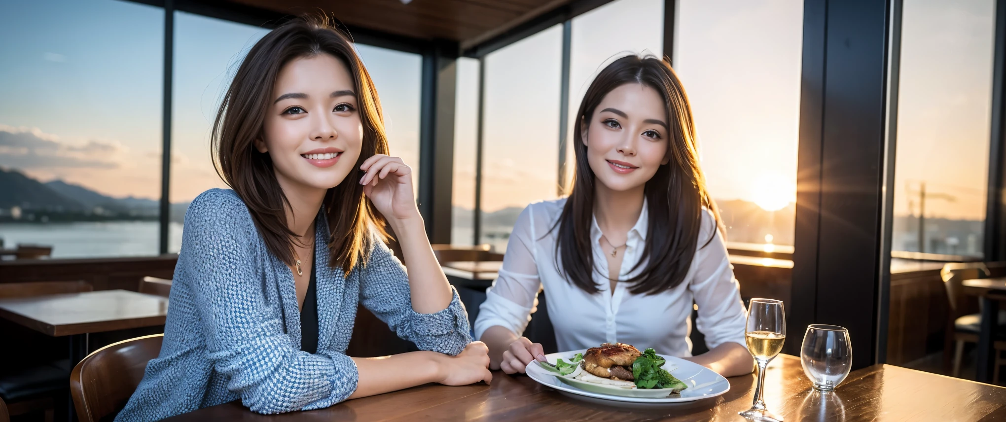 ((highest quality、8K、masterpiece:1.3))、Beautiful woman perfect body:1.4、slimなボディ、((Bob Hale、straight hair:1.2))、 ultra high resolution, bright image、2. The beauty of wine, beautiful face, blue eyes, fine eyes, light shines on your face, blush your nose, short hair,Spectacular view of the sunset sky and clouds、Amazing mountain views、ニコニコ明るいsmile、smileの素敵な女性、bright face、Fox face、lady、Champagne、Wine bottle、wine glass、red wine 、Appetizer、Italian food、Two beauties、brown hair、shortcut、long sleeve shirt、Winter Fashion、dress、Wine bottle、sparkling wine、Pretty Woman 1, (slimな顔), (brown hair), (shortcut), cheeks turn a little red, (36 years old), 39 years old, charming beauty、restaurant, nova frog style, actress, model, Upper body, White wine, slim, wine glass, 真ん中に置かれたwine glass, smile, (smile: 1.15), 綺麗なfine eyes, Strong light and shadow,moist body:1.5、delicate eyes、brown hair、The hair is very shiny、